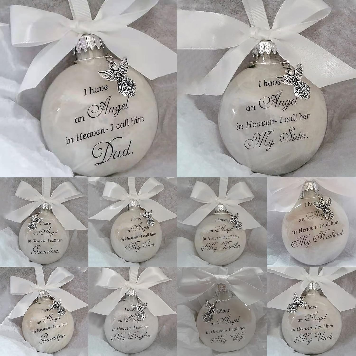 Adornos conmemorativos de Navidad, bola de plumas con texto en inglés “I Have an Angel in Heaven” con un pequeño ángel de Navidad, adorno de Navidad