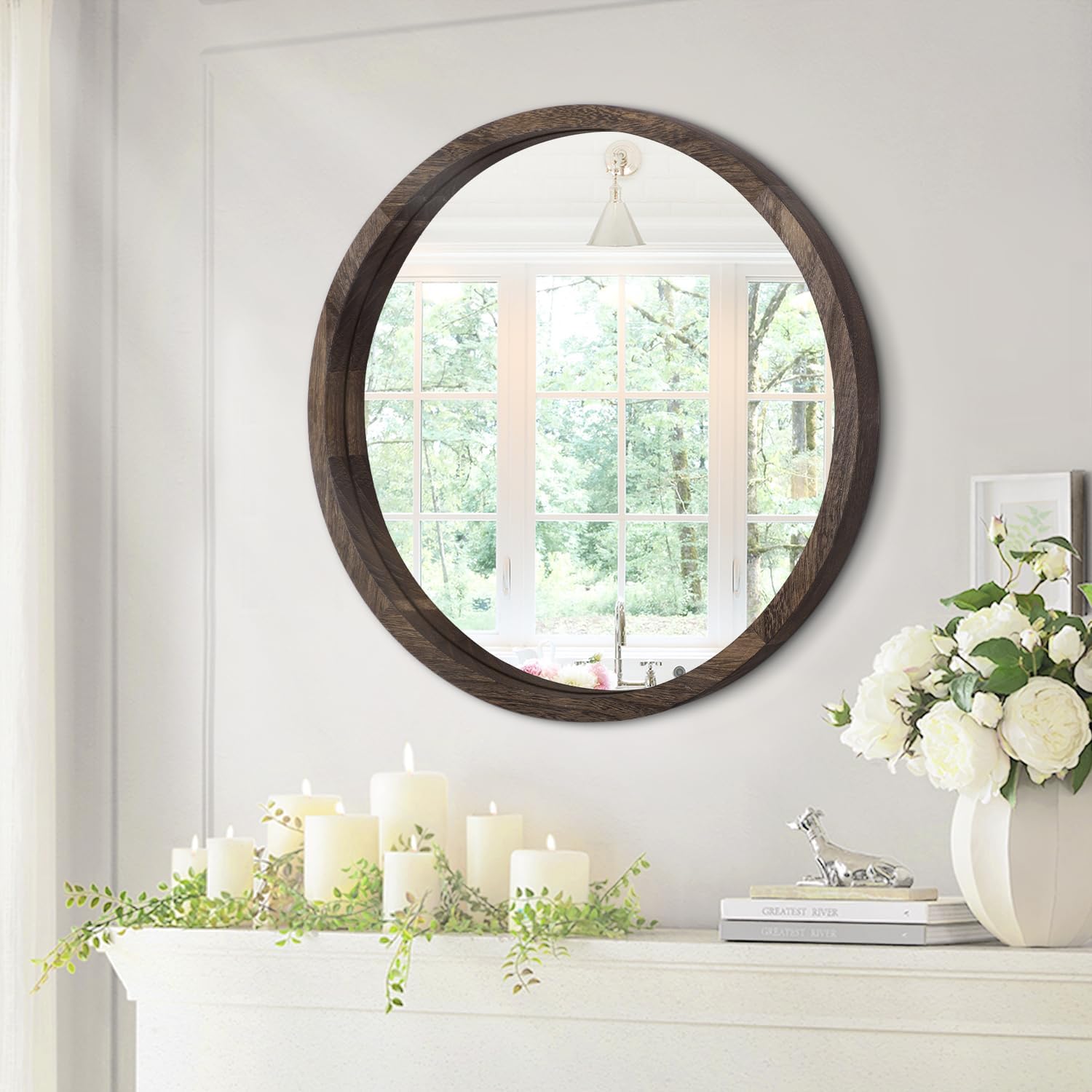 JJUUYOU Espejos redondos grandes para espejo circular de pared para baño, espejo circular redondeado de 20 pulgadas, con marco de madera, espejo de
