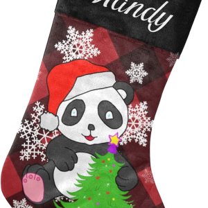 Calcetines de Navidad personalizados a cuadros negros y rojos y lindos pandas con nombre, medias de Navidad personalizadas para decoración de Calcetines de Navidad personalizados a cuadros negros y rojos y lindos pandas con nombre, medias de Navidad personalizadas para decoración de