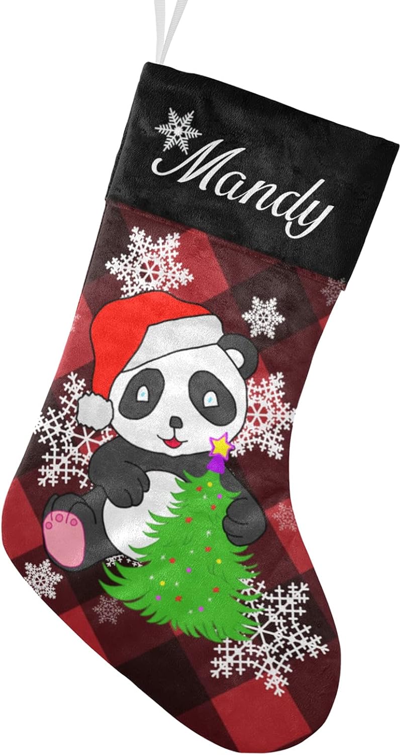 Calcetines de Navidad personalizados a cuadros negros y rojos y lindos pandas con nombre, medias de Navidad personalizadas para decoración de