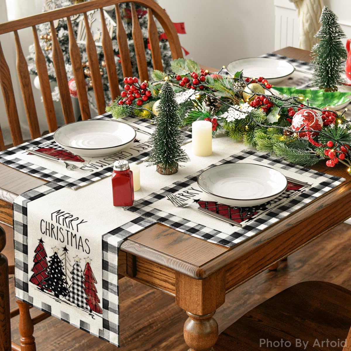 Artoid Mode Waterclor Buffalo – Juego de 2 manteles individuales con diseño de árboles de Navidad, 12 x 18 pulgadas, manteles individuales de