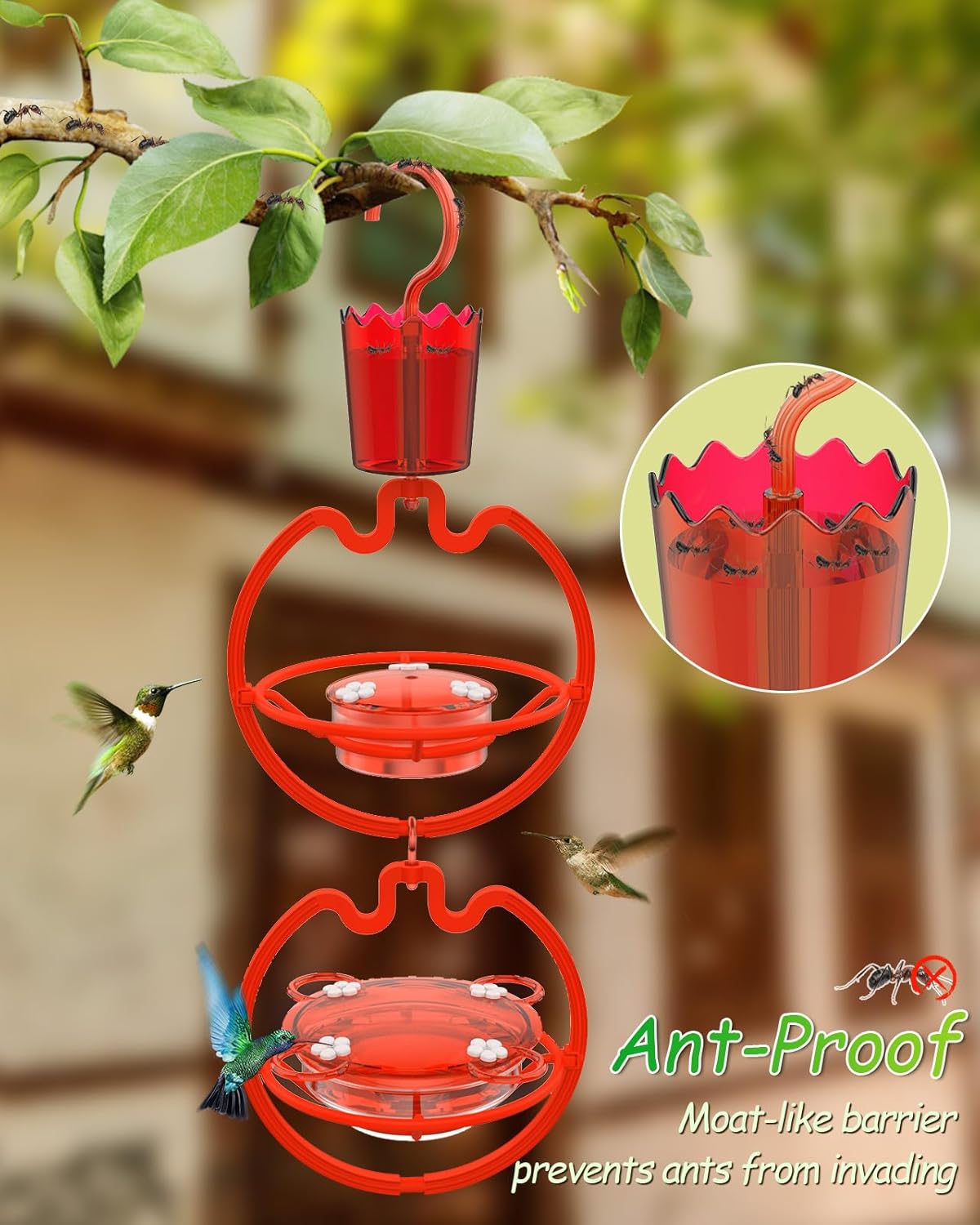 Ermete Comedero para colibríes para colgar al aire libre, a prueba de hormigas, comederos para colibríes para exteriores, regalo de colibrí para