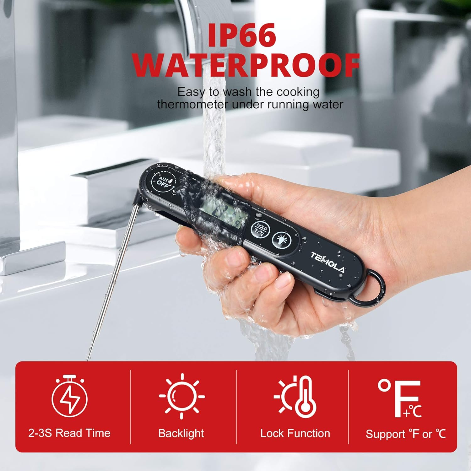 Termómetro de carne para cocinar, termómetro de alimentos de lectura instantánea con luz de fondo, impermeable, termómetro digital de dulces para
