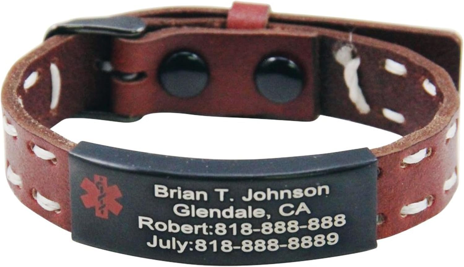 Pulsera de identificación médica de calidad personalizada con cuero genuino, Acero inoxidable, Sin gemas.