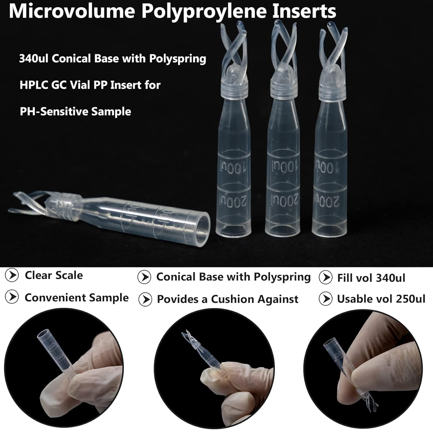 Insertos de polipropileno microvolumen 340ul base cónica con Polyspring HPLC GC Vial PP Inserto para muestra sensible a PH, paquete de 100