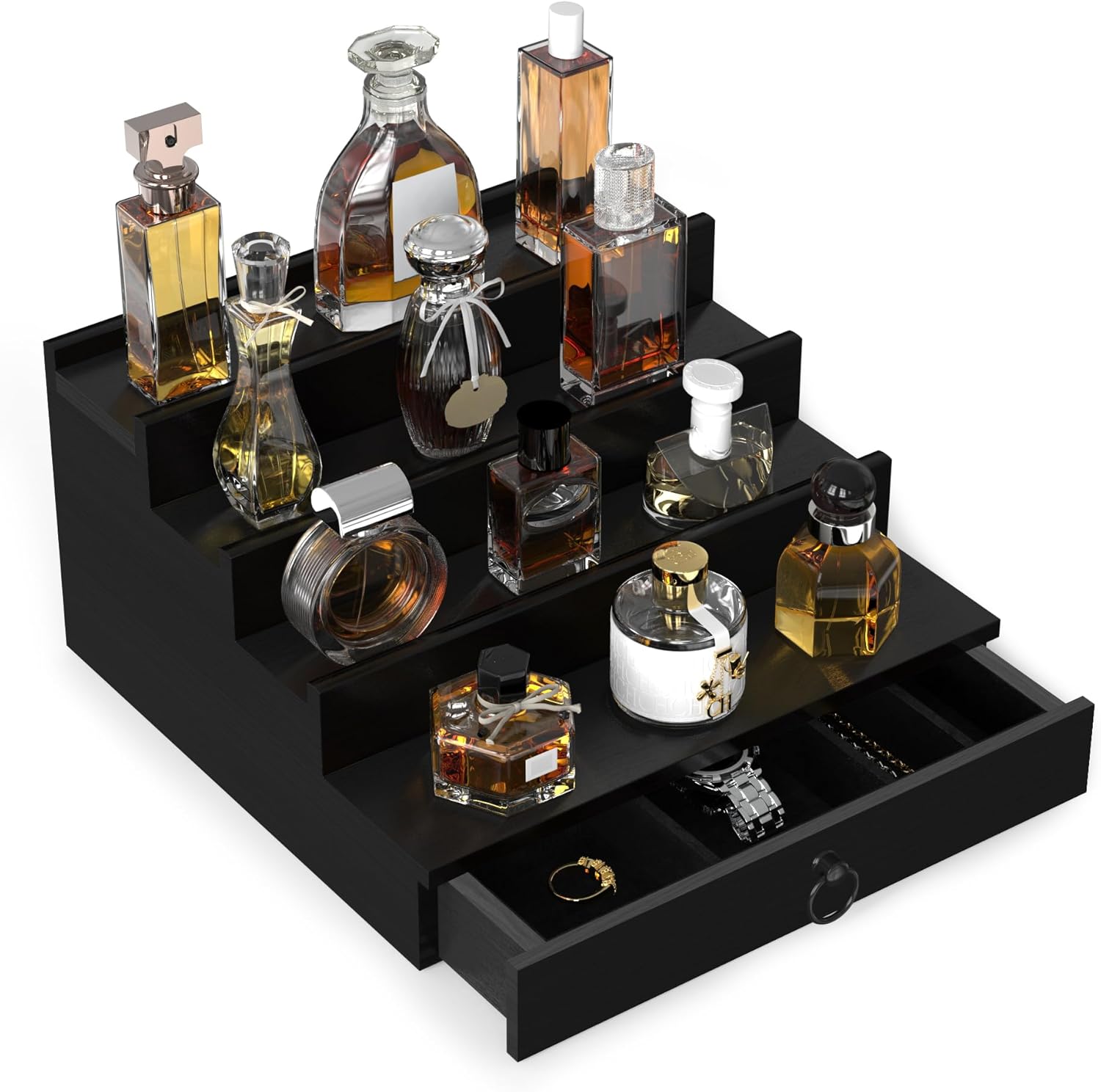 upcessory Organizador de colonia para hombres, organizador de perfume de madera de 4 niveles con cajón de forro de fieltro y compartimento oculto,