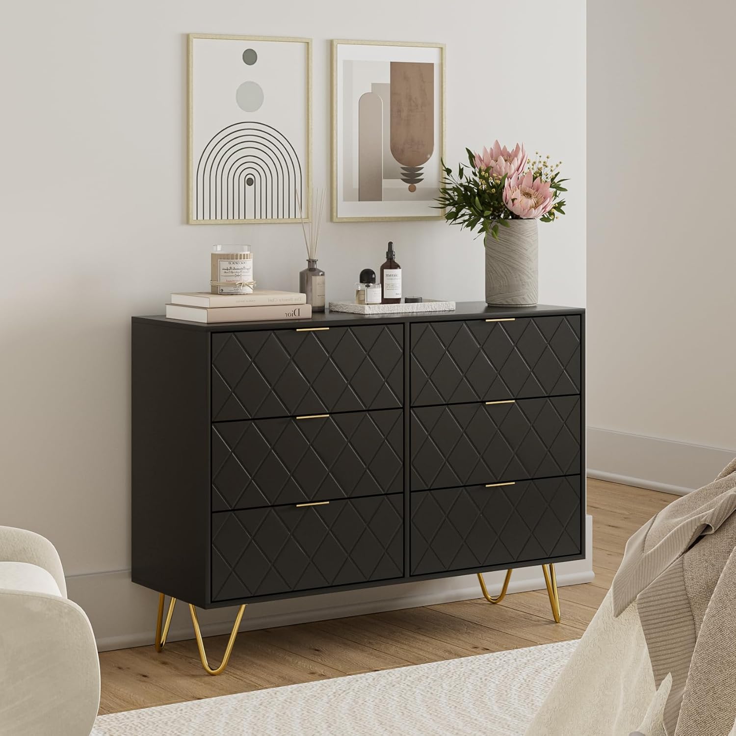 Cómoda de 6 cajones, moderna cajonera, cómoda de almacenamiento ancha con patas de metal, cómoda para dormitorio, sala de estar, armario, entrada,