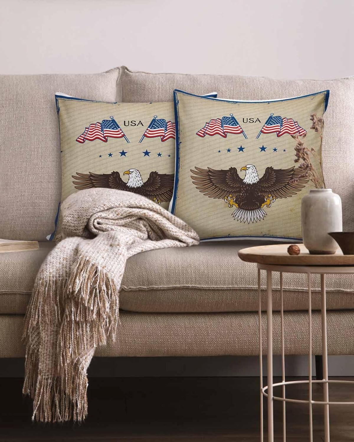 Paquete de 2 fundas de almohada decorativas de algodón, diseño patriótico de la bandera estadounidense, águila, 18 x 18 pulgadas, cuadradas,