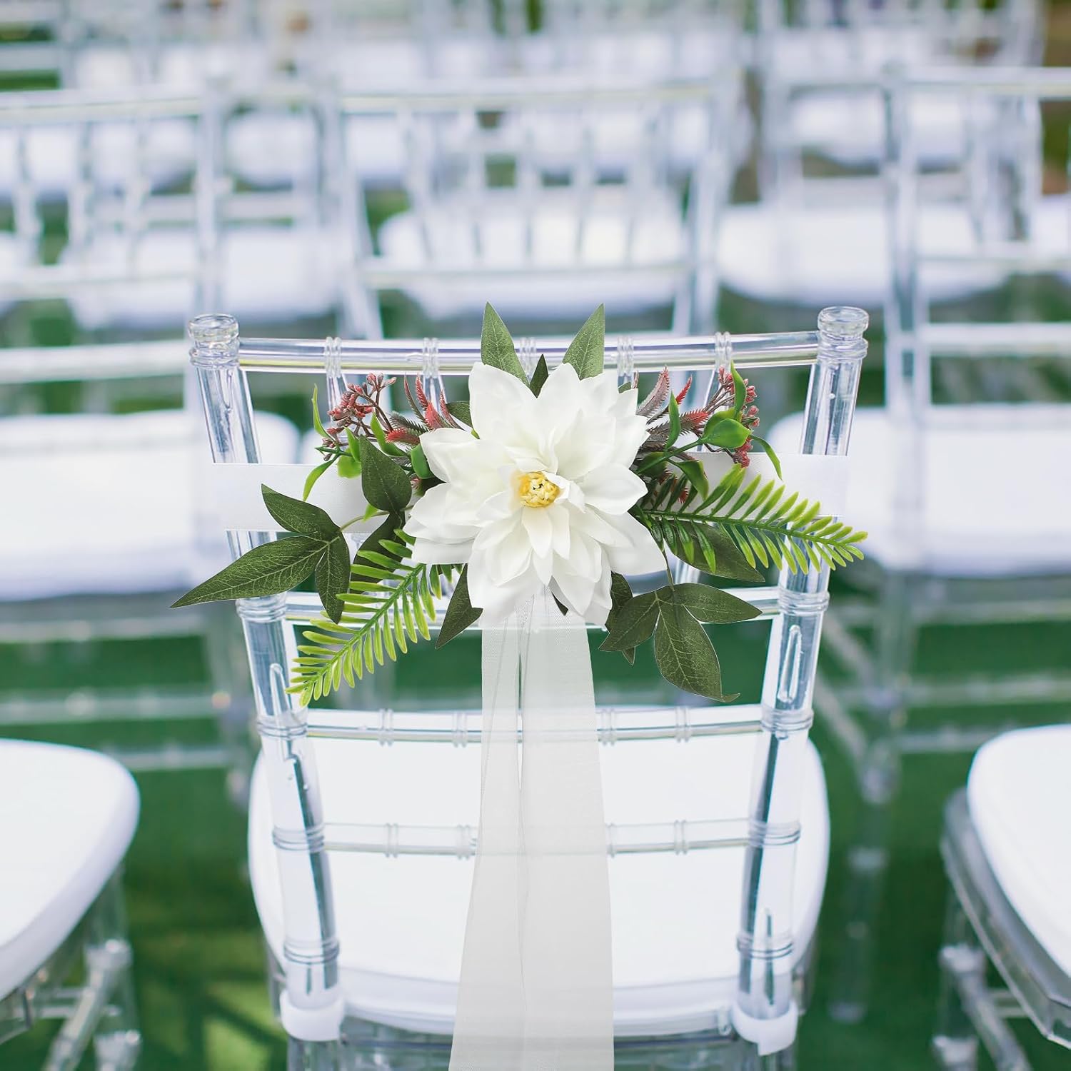 Fofetbfo Juego de 6 decoraciones para sillas de pasillo de boda, flores artificiales con cintas, sillas, respaldo de banco, arreglo de flores para