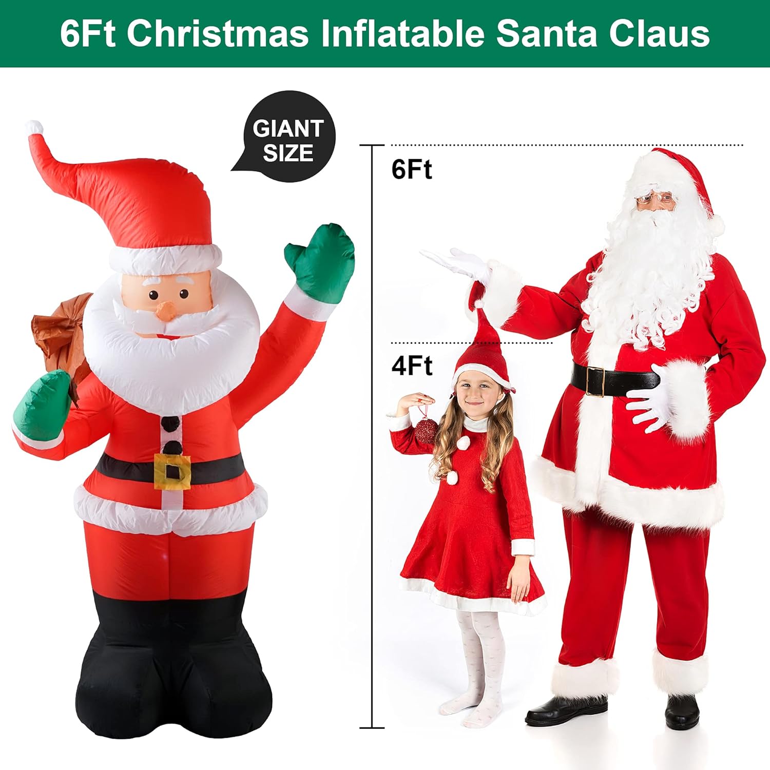 COOLWUFAN Papá Noel inflable de Navidad de 6 pies con bolsa de regalos, luces LED para decoración de patio al aire libre para vacaciones y fiestas