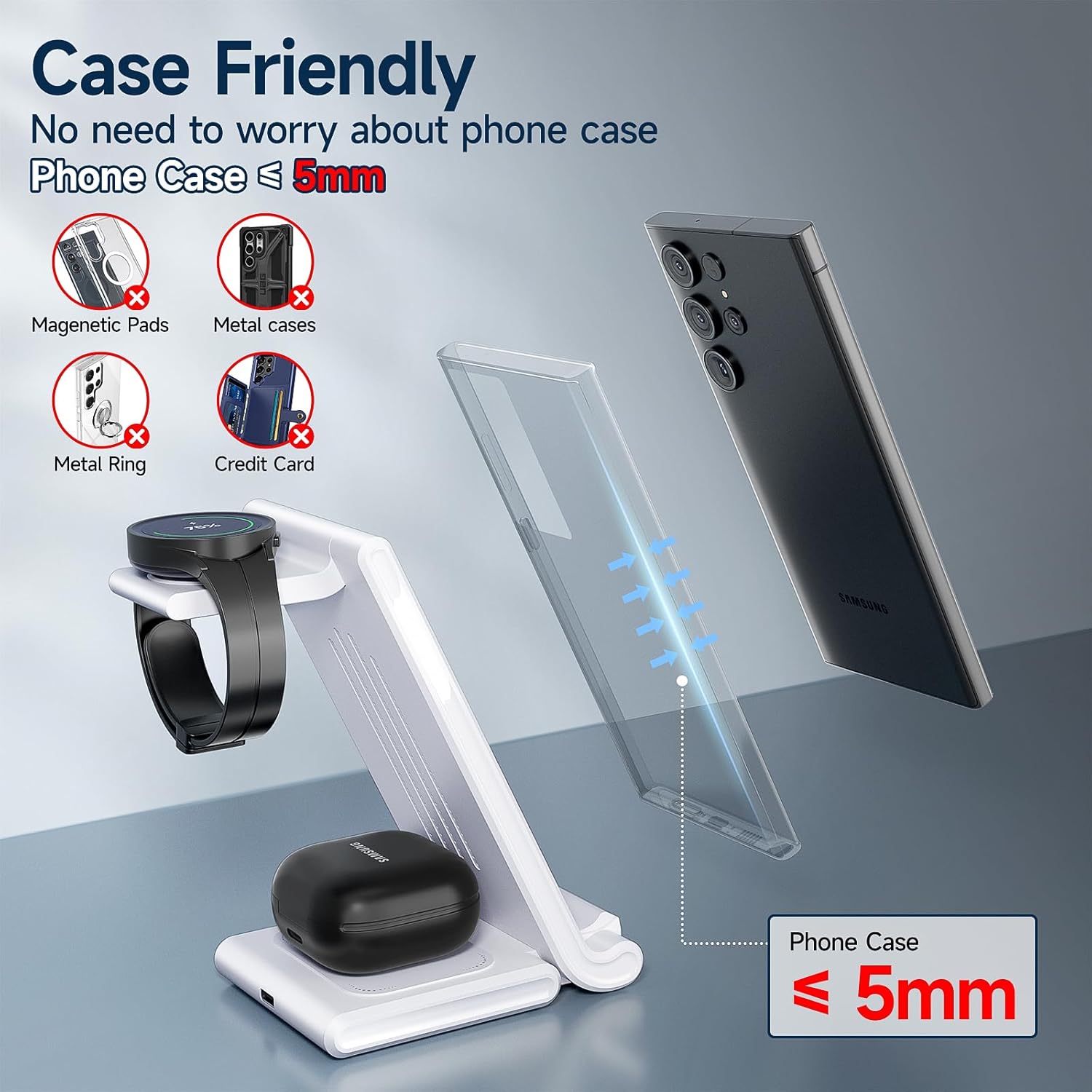 MANKIW – Estación de carga inalámbrica para Samsung, estación de carga rápida plegable 3 en 1 para Galaxy S24 S23 S22 S20 Ultra Z Flip Fold