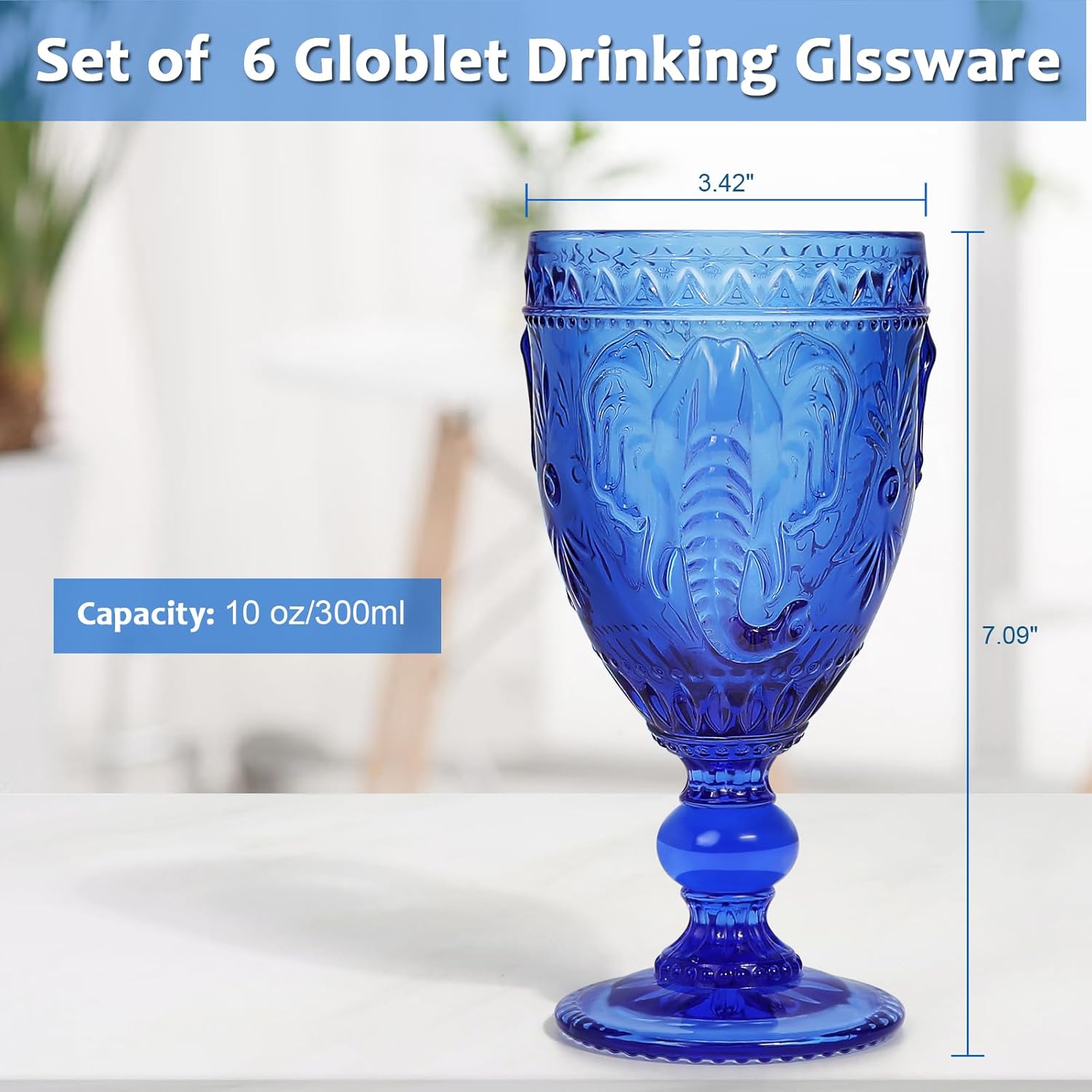 Juego de 6 copas de vino con diseño prensado de elefante, juego de 6 copas de agua de colores, vasos azules sin plomo para fiestas y bodas, 10 onzas
