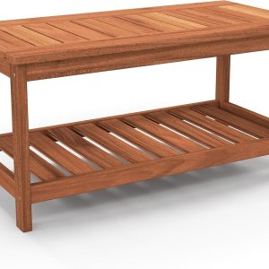 Tangkula Mesa de centro de madera dura para patio al aire libre, mesa de centro de 2 niveles con mesa de listones, estante de almacenamiento, Tangkula Mesa de centro de madera dura para patio al aire libre, mesa de centro de 2 niveles con mesa de listones, estante de almacenamiento,