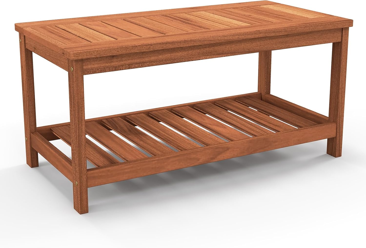 Tangkula Mesa de centro de madera dura para patio al aire libre, mesa de centro de 2 niveles con mesa de listones, estante de almacenamiento,