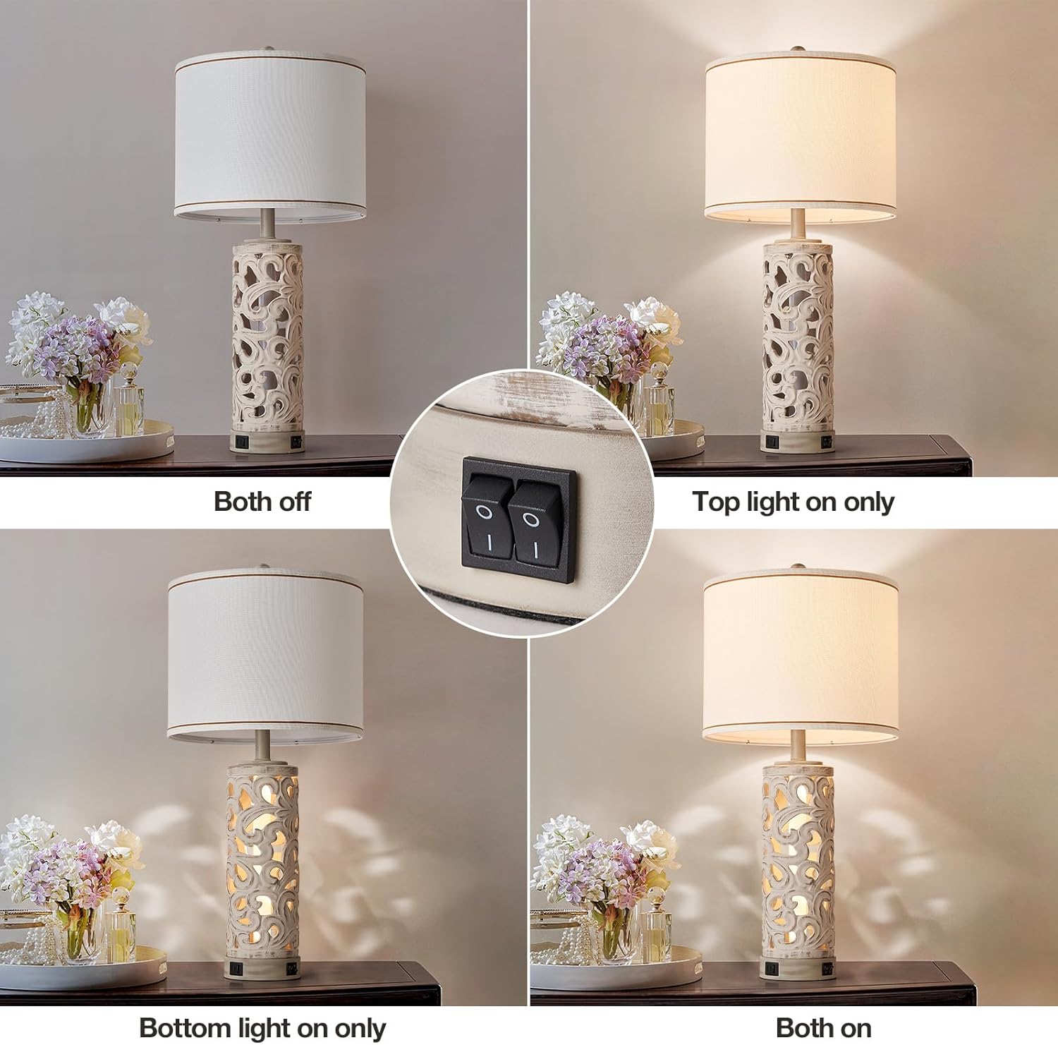 AIDENOEY Juego de 2 lámparas de mesa con luz nocturna, lámpara de mesa de granja de 28 pulgadas con puertos USB A+C, lámpara de noche de cerámica