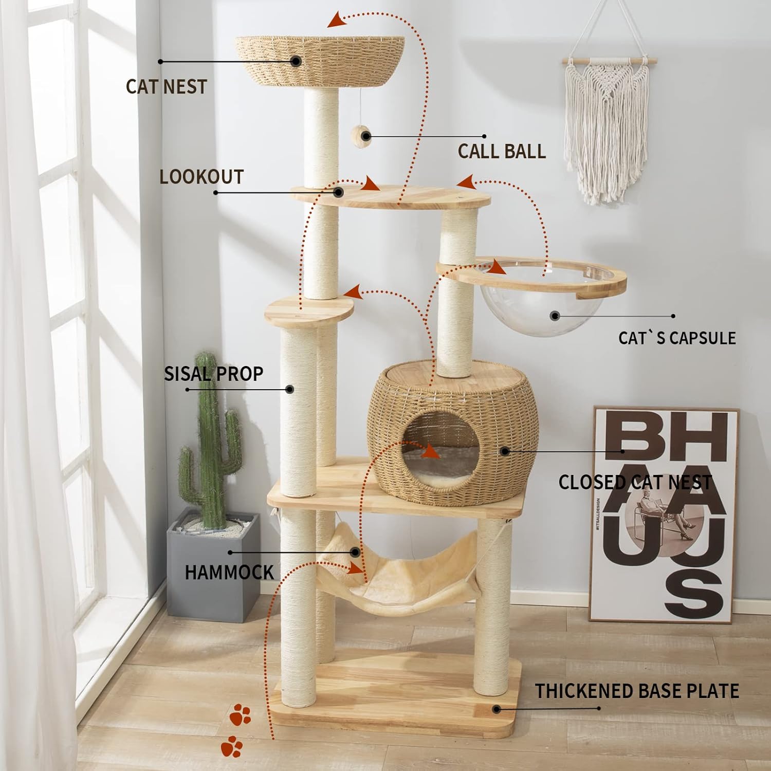 Torre de árbol para gatos grande y moderna de 59 pulgadas, torre para gatos, postes rascadores cubiertos de sisal para gatos de interior, árbol de