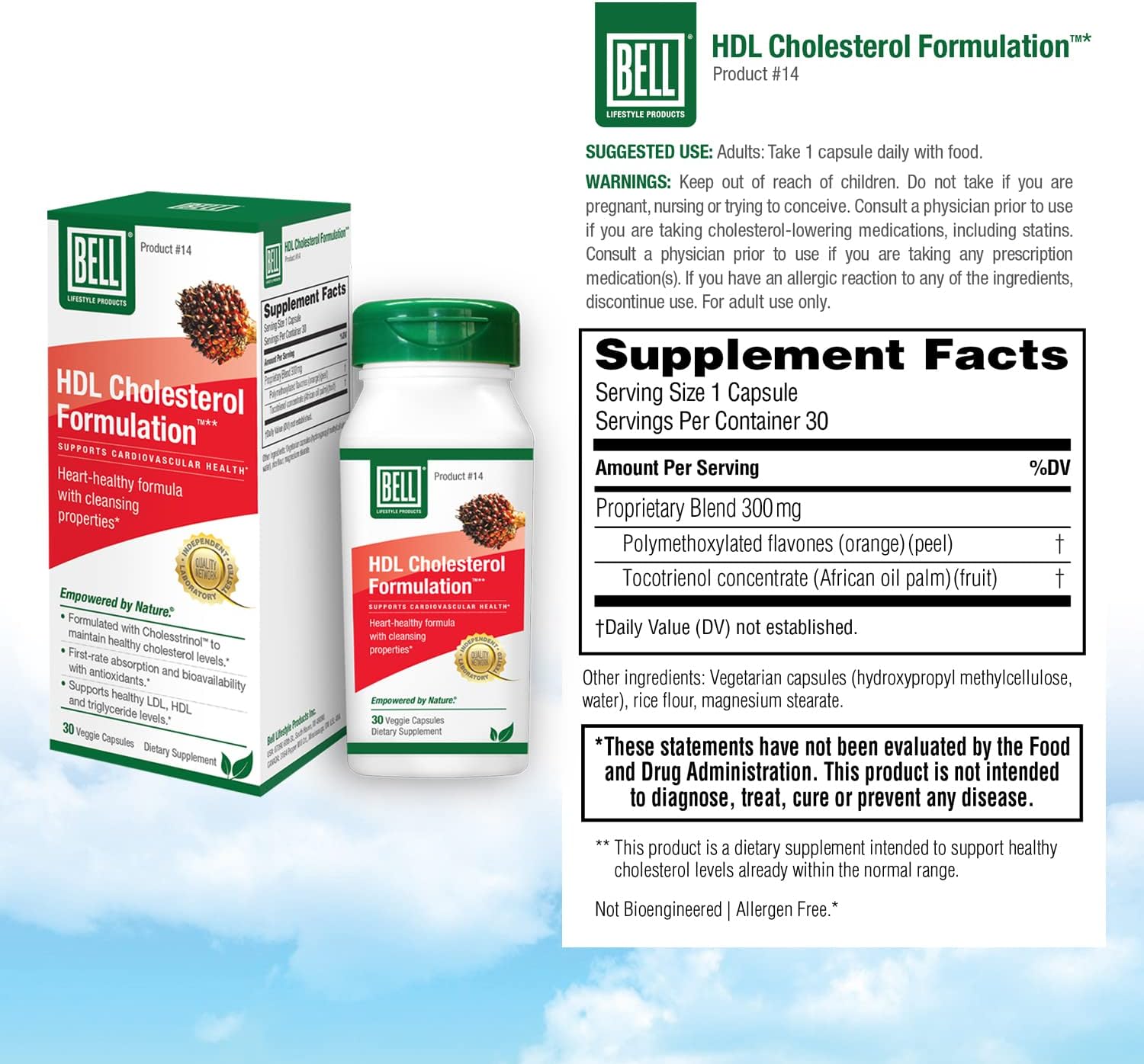 Bell HDL Cholesterol Formulation, Suplemento para la salud del colesterol – Mezcla patentada, para mujeres y hombres  30 cápsulas