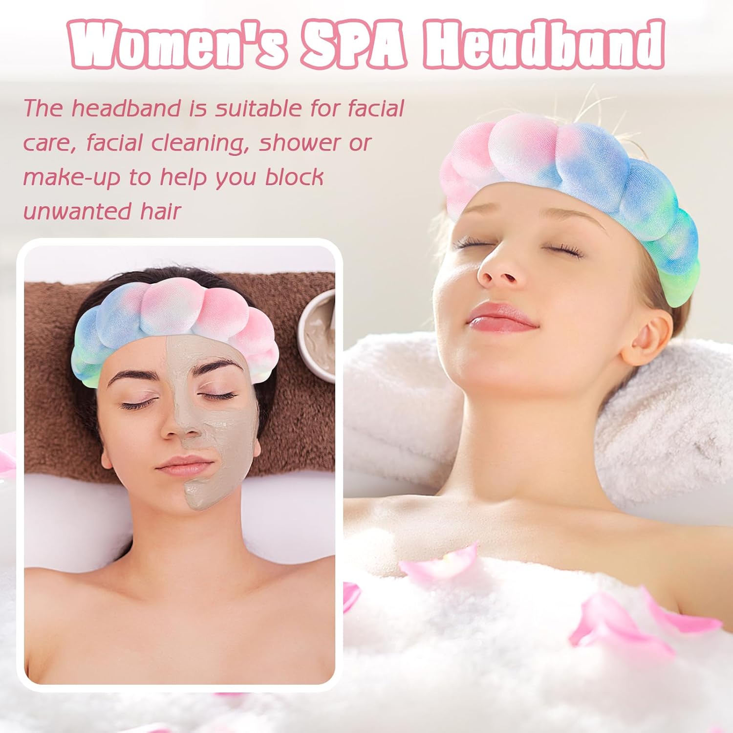 Zkptops Diadema de spa para lavar la cara, juego de esponja, maquillaje, cuidado de la piel, tela de terciopelo con burbujas, suave, para mujeres y