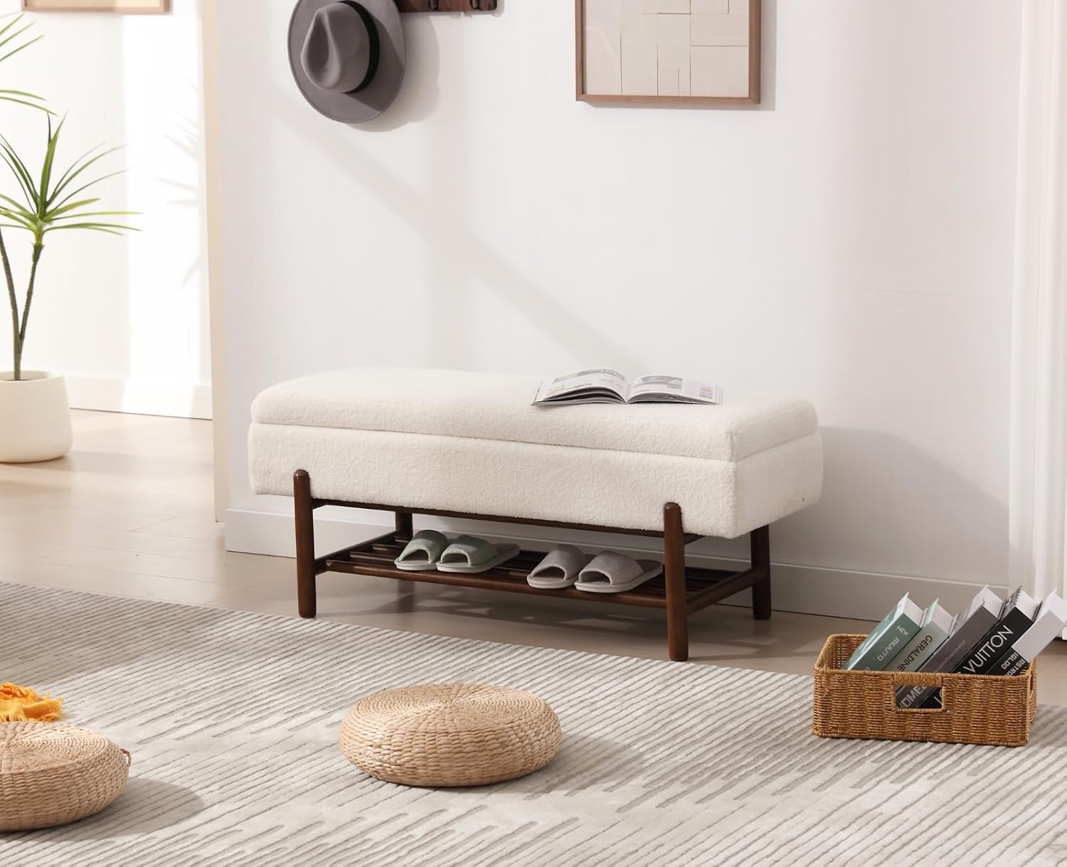 CIMOTA Banco de almacenamiento de entrada para dormitorio, banco otomano de sherpa al final de la cama, con almacenamiento de zapatos de madera para