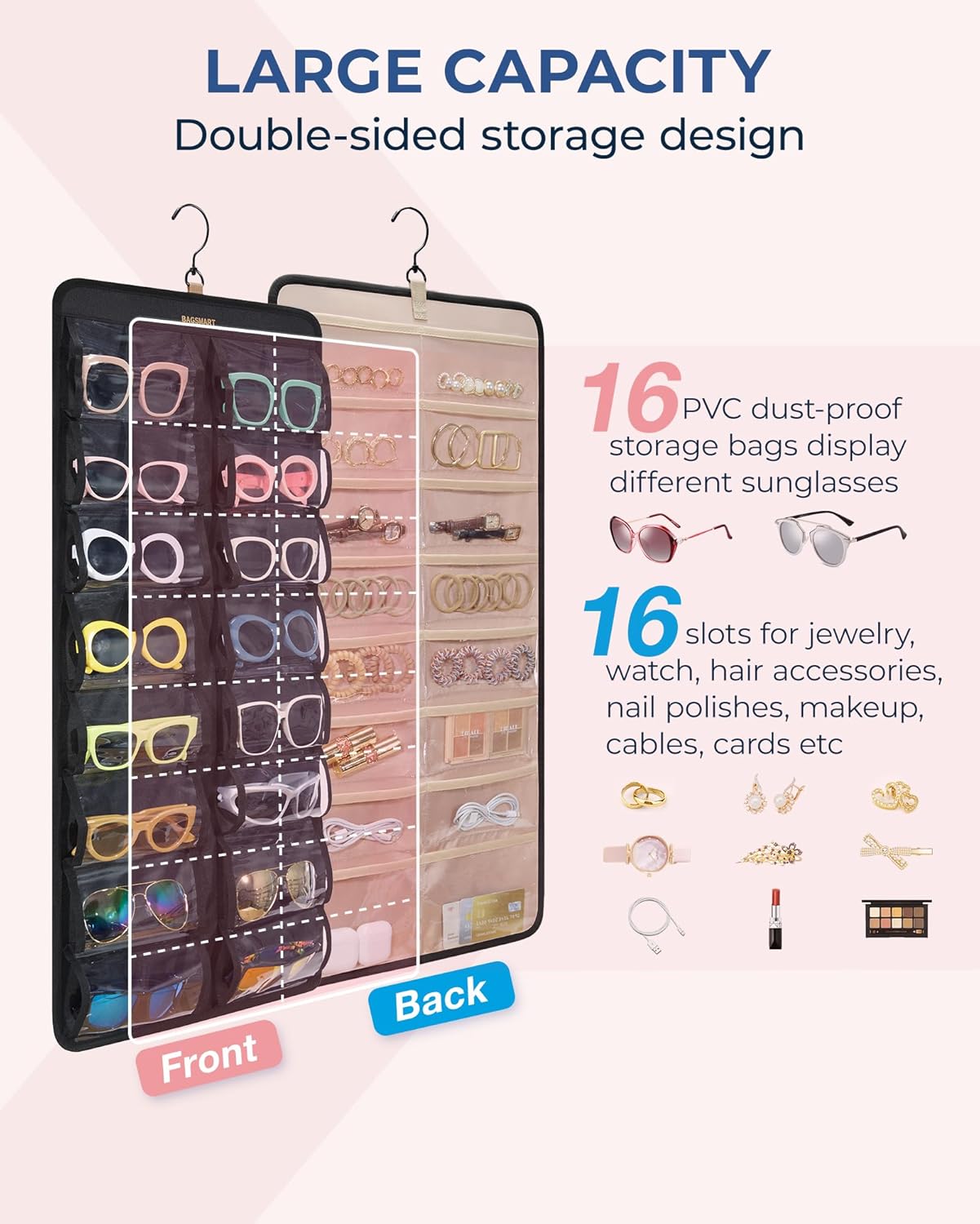 BAGSMART Organizador de joyas colgante, estuche de almacenamiento para lentes de sol a prueba de polvo montado en la pared, estuche de viaje de
