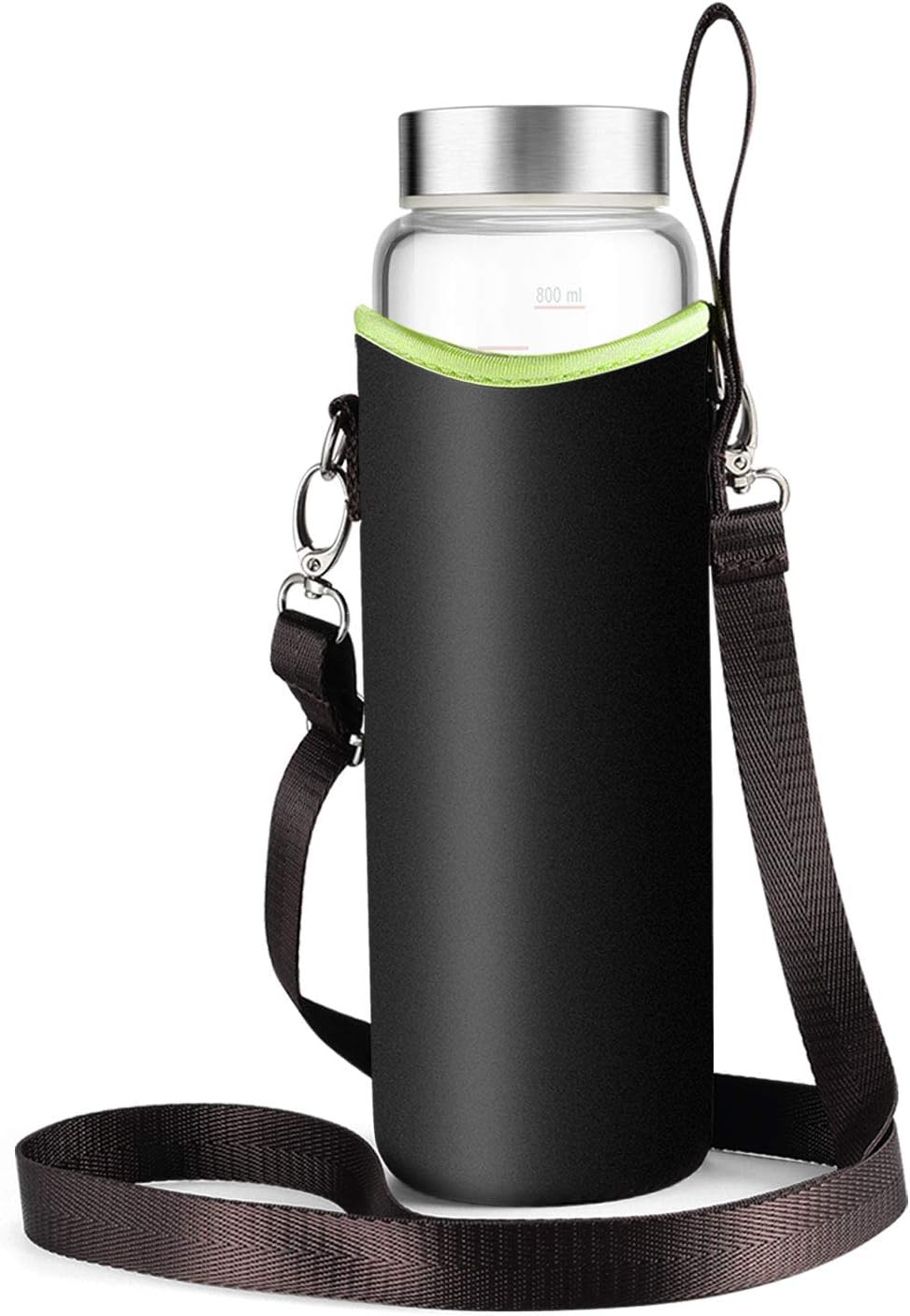 Botella de agua de cristal de 32 onzas, funda protectora de botella de nailon, tapa de acero inoxidable y medidas marcadas de 1 litro, reutilizable,