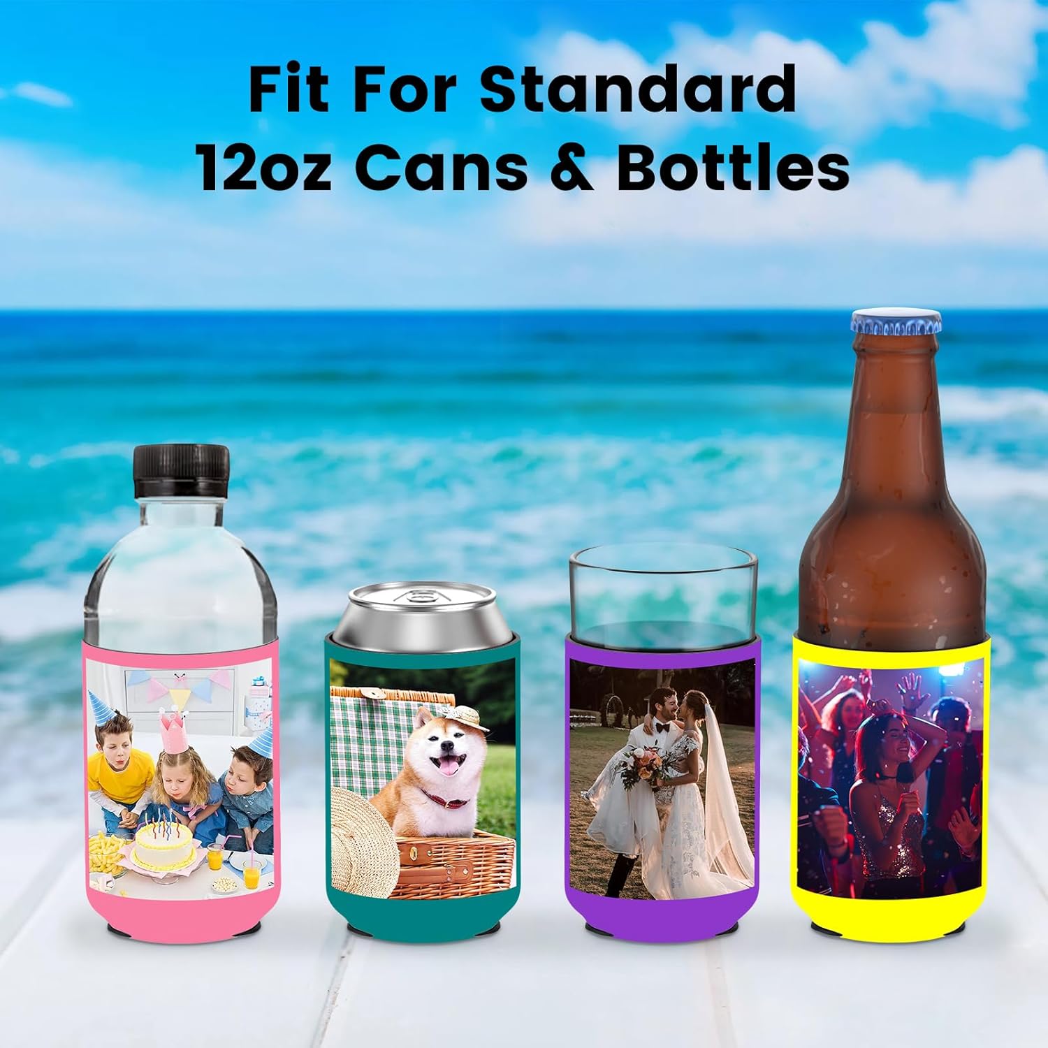 Fundas enfriadoras de latas personalizadas a granel, plegable a granel, soporte para botellas de bebidas con logotipo, texto de imagen, para bodas,