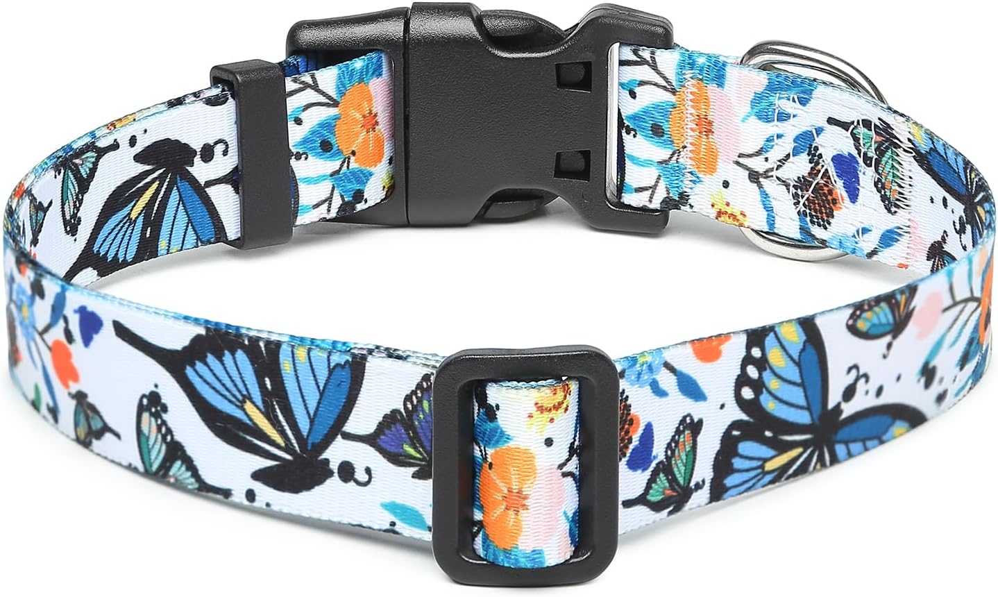 Collar ajustable para perro con patrones, ultra cómodo, de nailon suave, transpirable, para perros pequeños, medianos y grandes (M, mariposa)