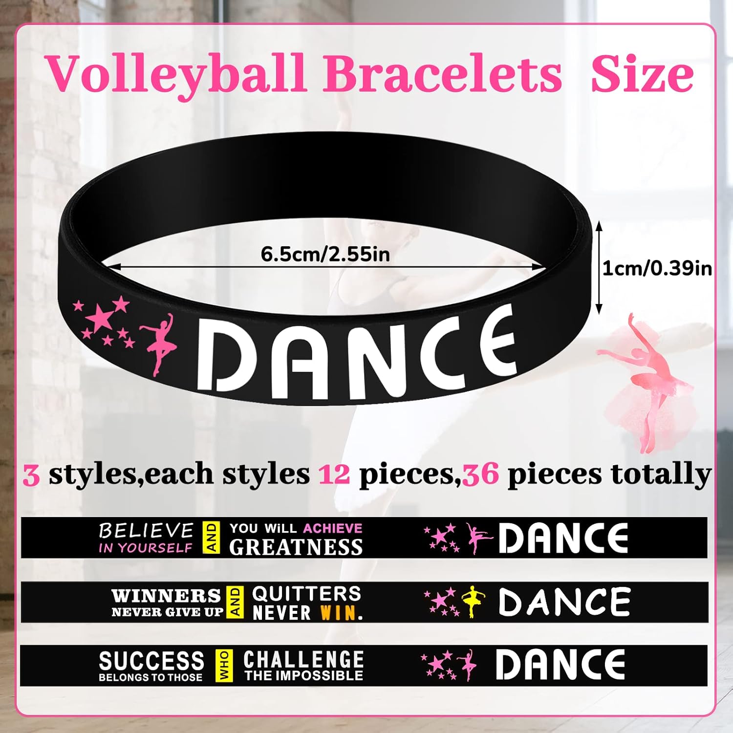 Deekin Paquete de 36 pulseras motivacionales de ballet, pulsera de goma de silicona con mensajes inspiradores, regalos de baile para niñas, premio