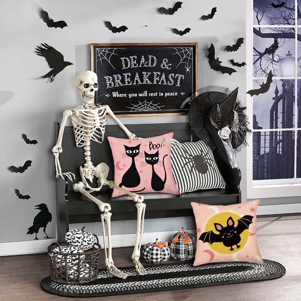 Juego de 4 fundas de almohada rosas con diseño de gatos negros, arañas abucheantes, fantasmas, murciélagos, luna, calabaza, lunares, vacaciones,
