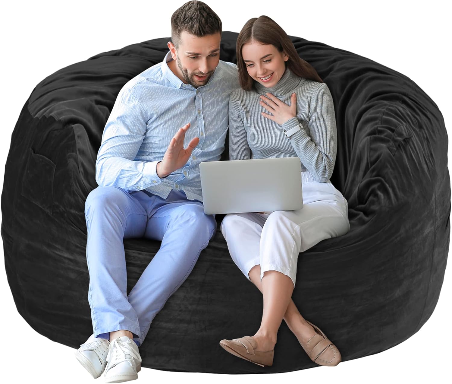 Puf gigante de 5 pies, relleno de espuma viscoelástica con funda de terciopelo, funda extraíble y lavable a máquina, puf para adultos, color negro