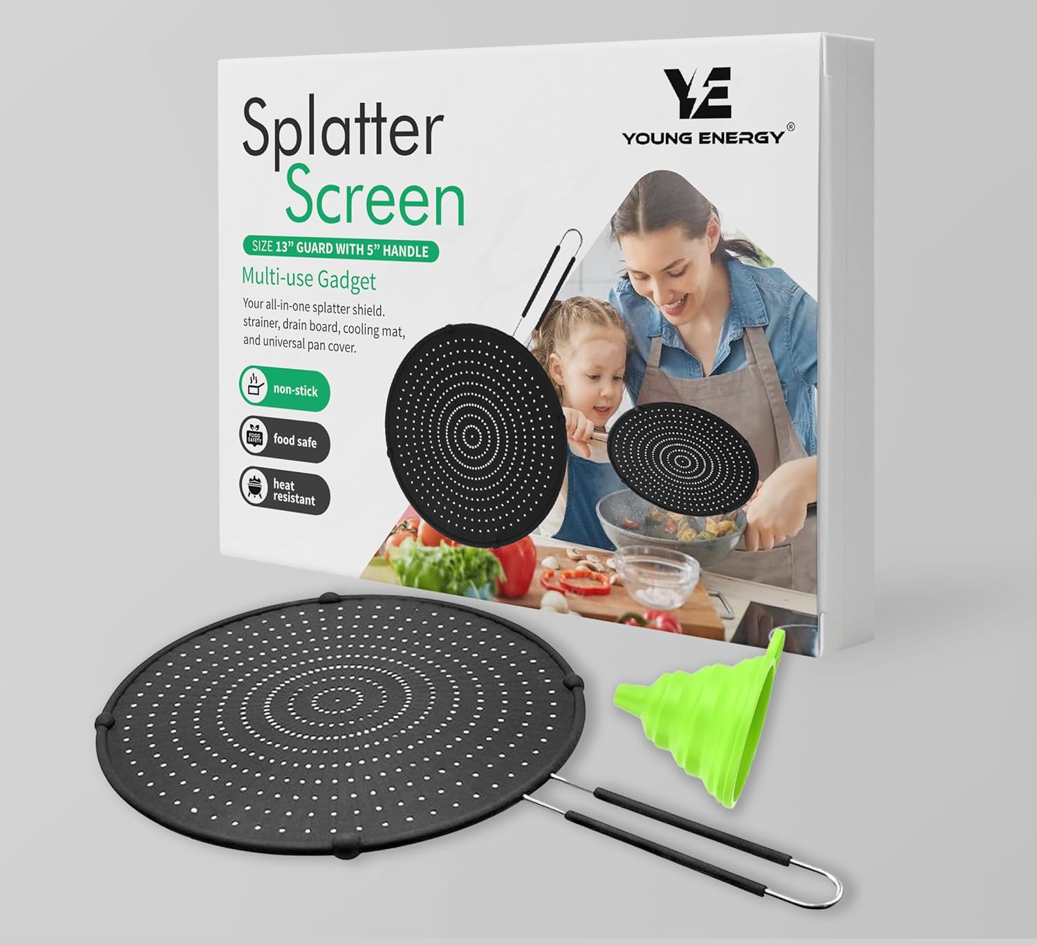 Young Energy Pantalla de silicona para cocinar, sartén con embudo de aceite plegable, protector contra salpicaduras de grasa, antiadherente,