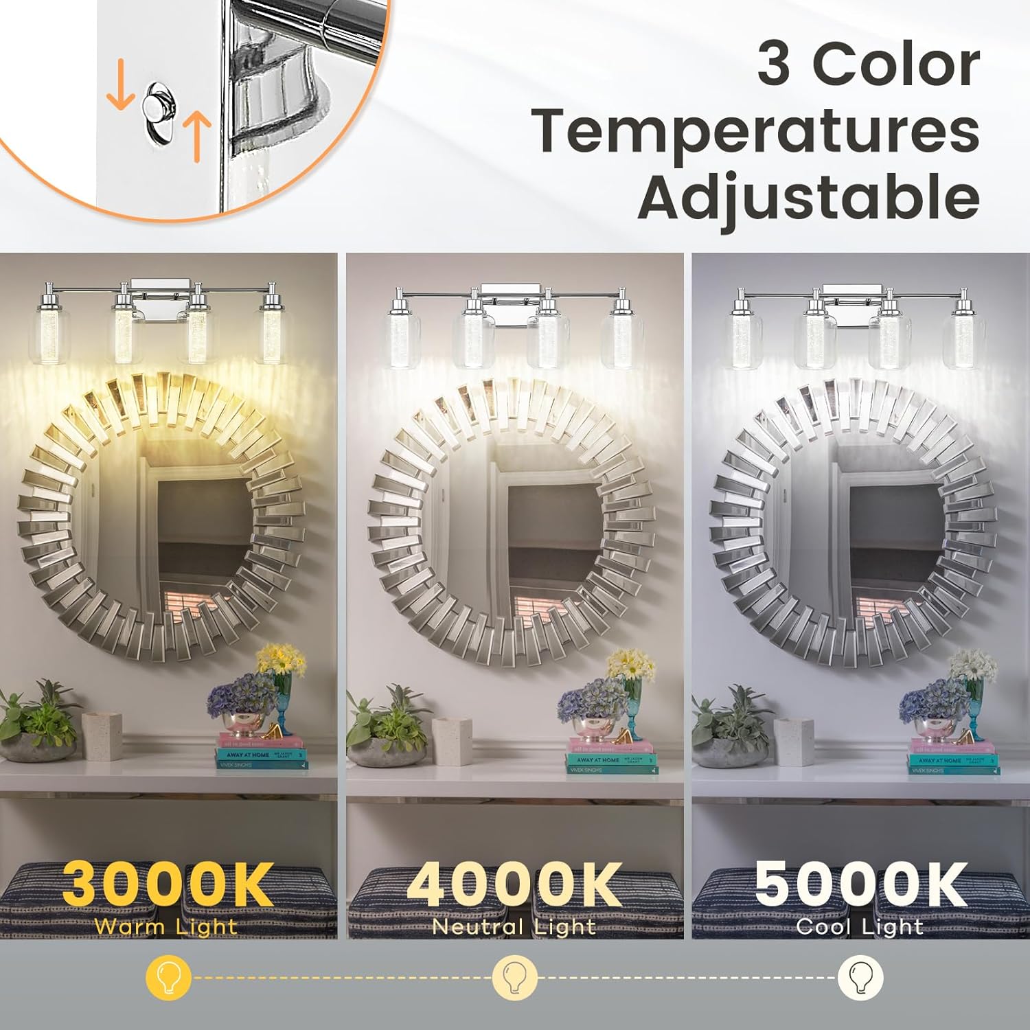 zeyu ZJF74B LED-4W CH – Lámpara de baño de 4 luces, 18 W, con 3 modos de color (3000 K4000 K5000 K), lámpara de pared regulable para baño, acabado
