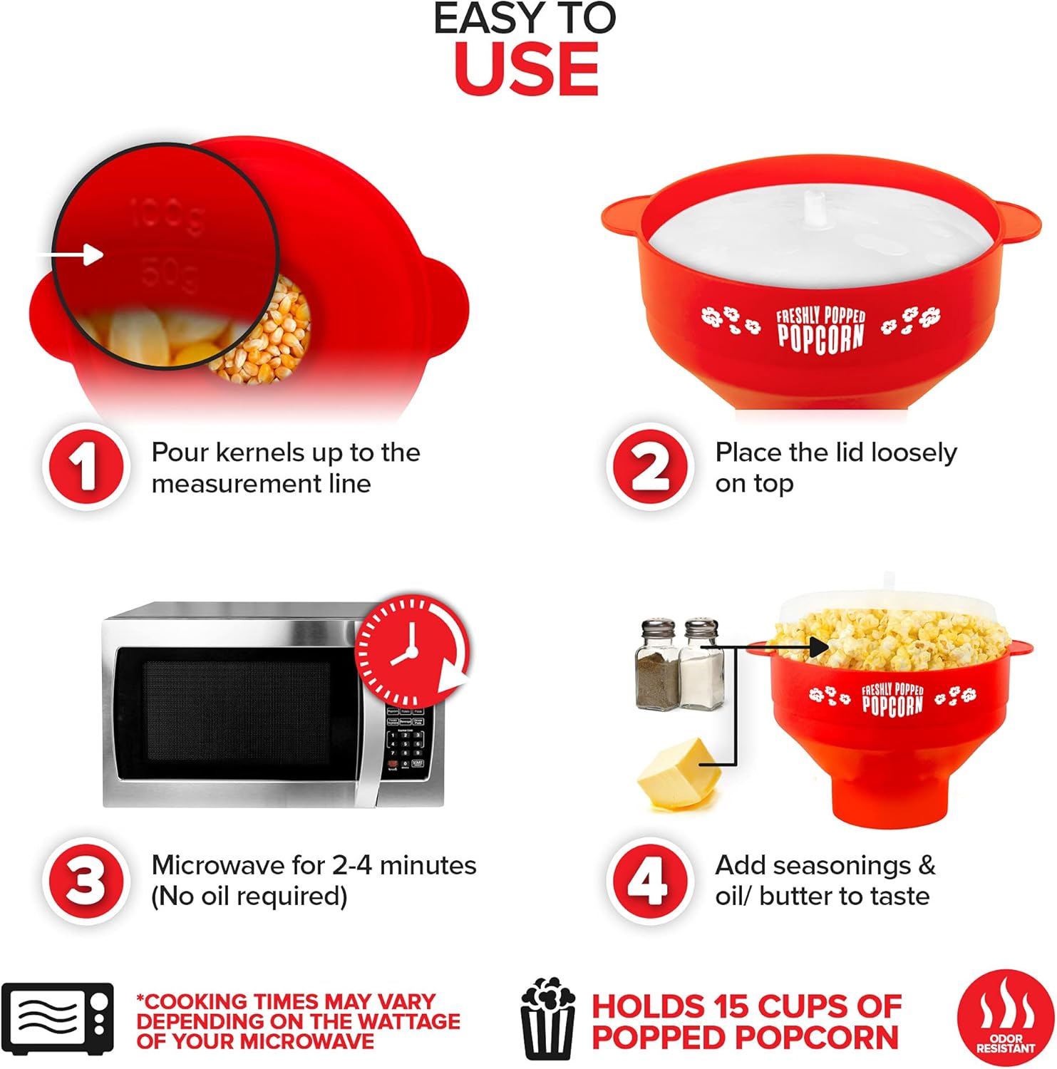 Palomitas de maíz de silicona para microondas (rojo) para hacer palomitas de maíz, no requiere aceite, cuenco plegable con tapa, reutilizable, sin