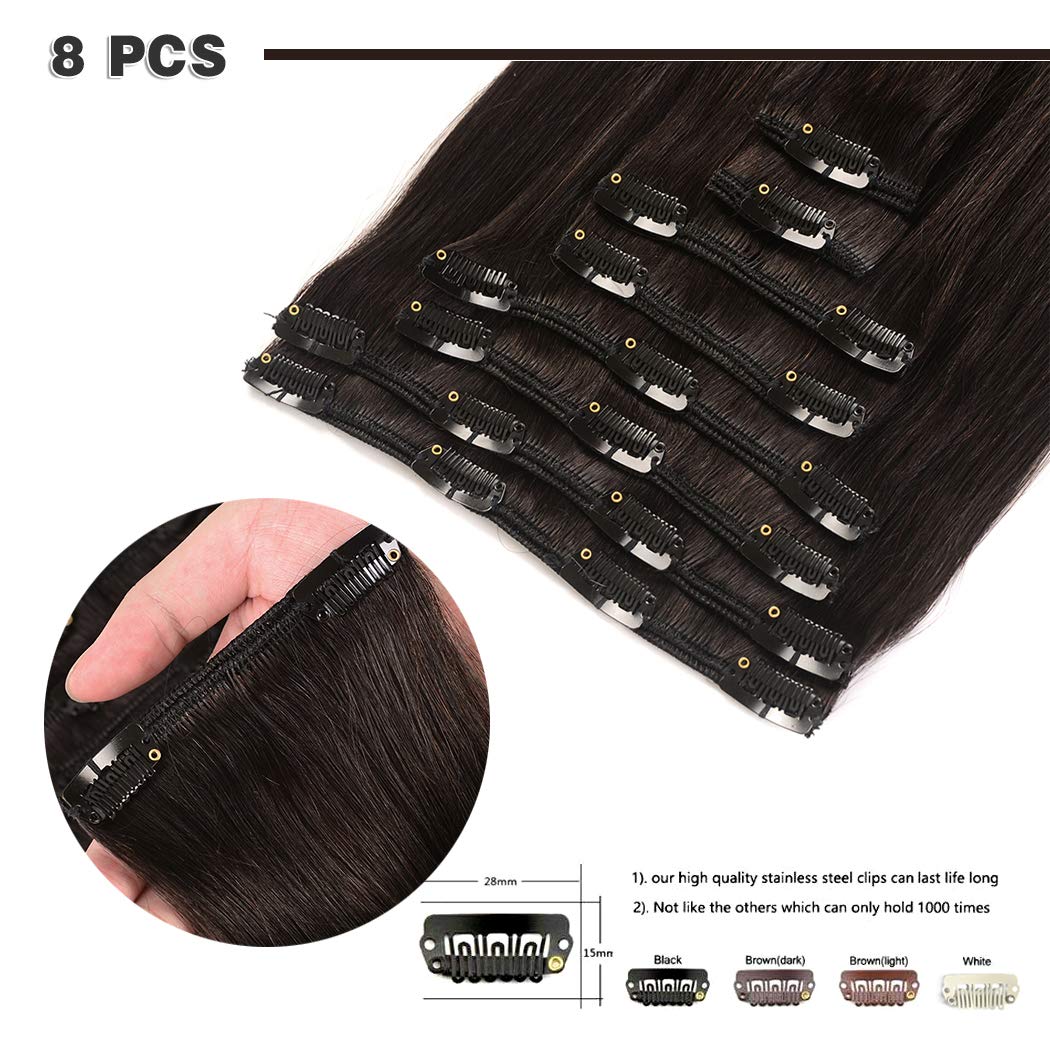 Extensiones de pelo humano real tipo Remy con clip, 8 piezas. Cabello humano lacio de doble trama.
