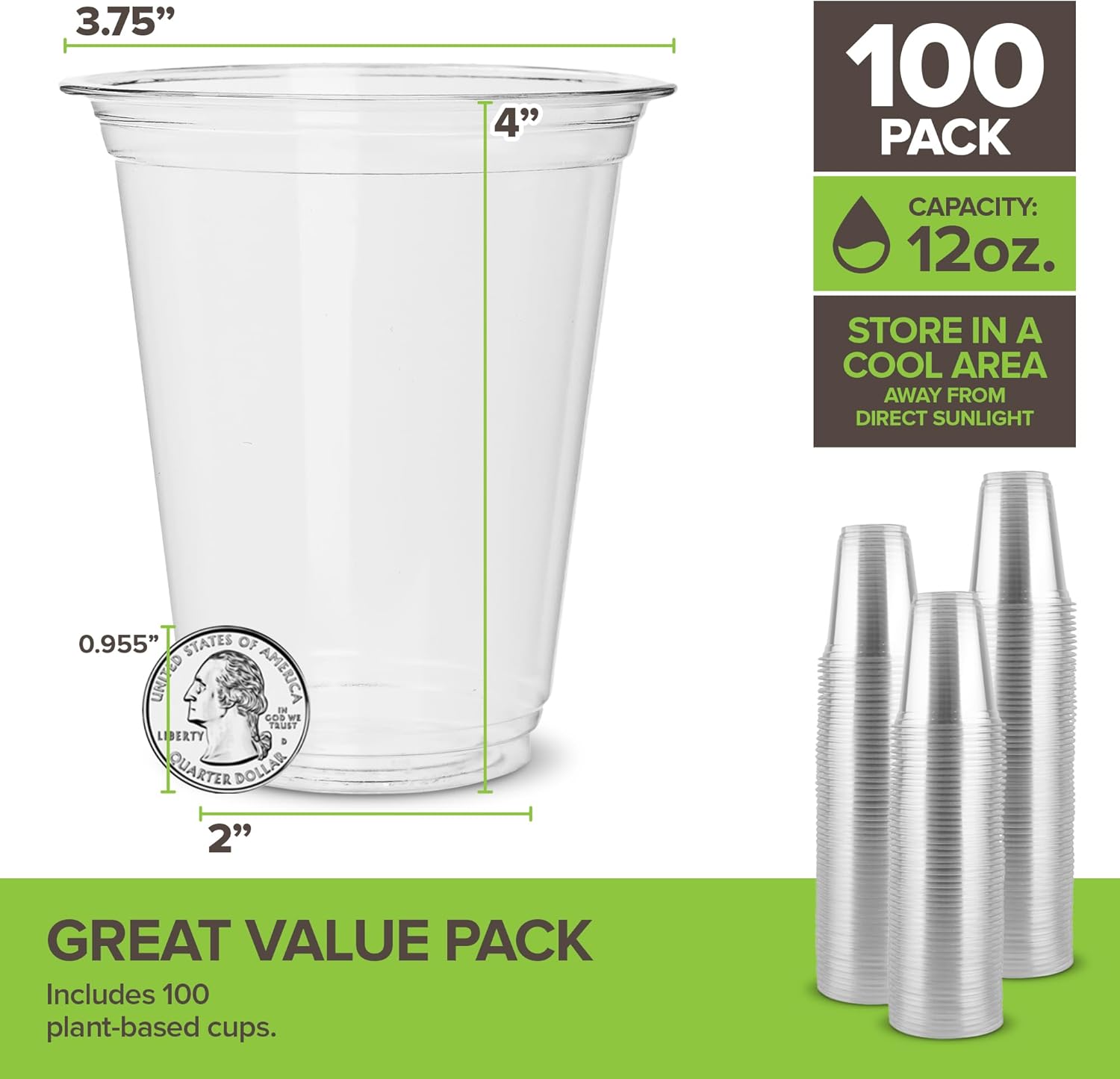 Stock Your Home Vasos fríos transparentes compostables comercialmente de 12 onzas (paquete de 100) vasos ecológicos para fiestas, respetuosos con el