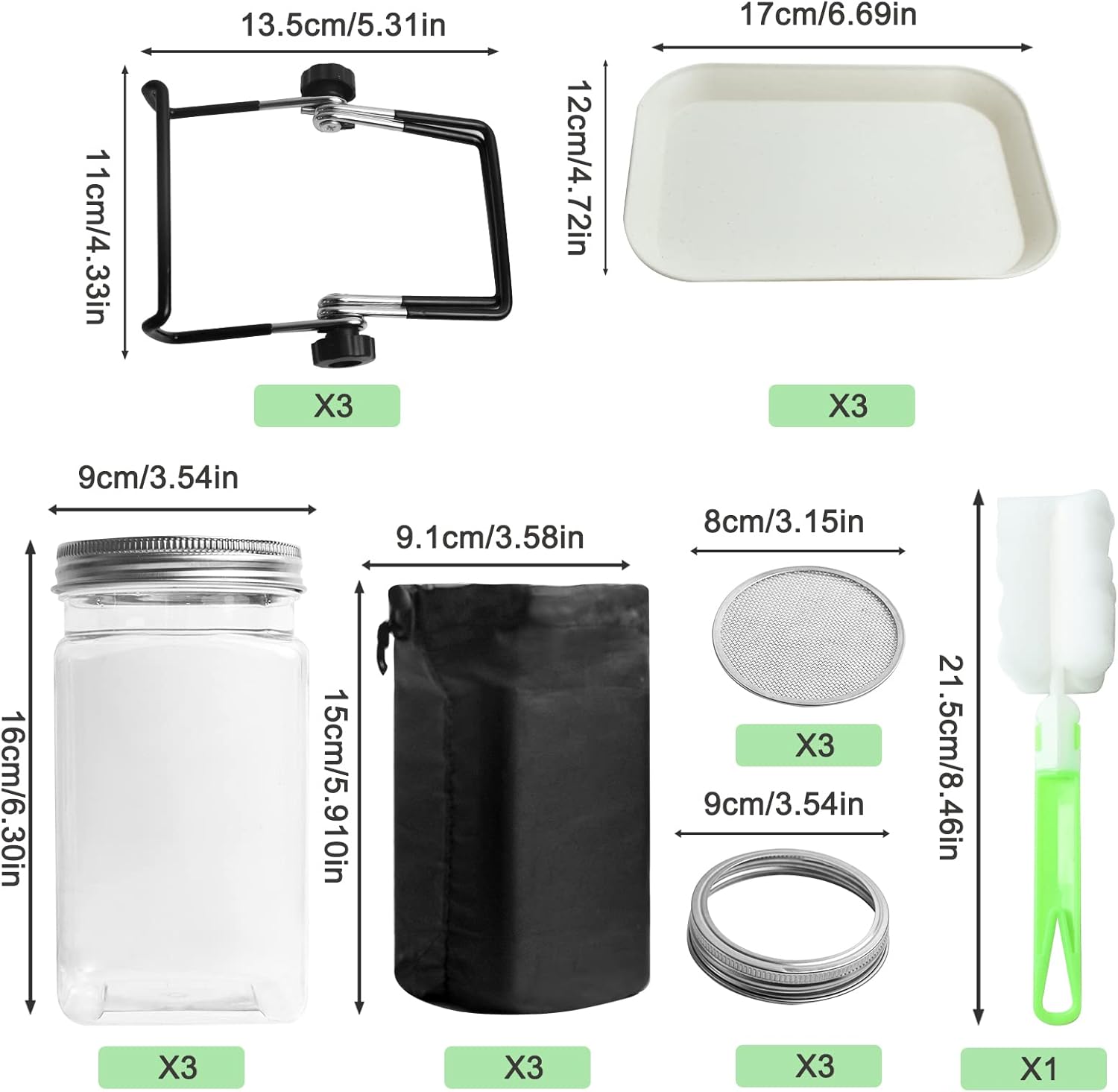 Kit de germinación, kit de 3 tarros de germinado, kit de cultivo de brotes, con 3 tapas de brote, mangas opacas, soporte para germinado, bandeja de