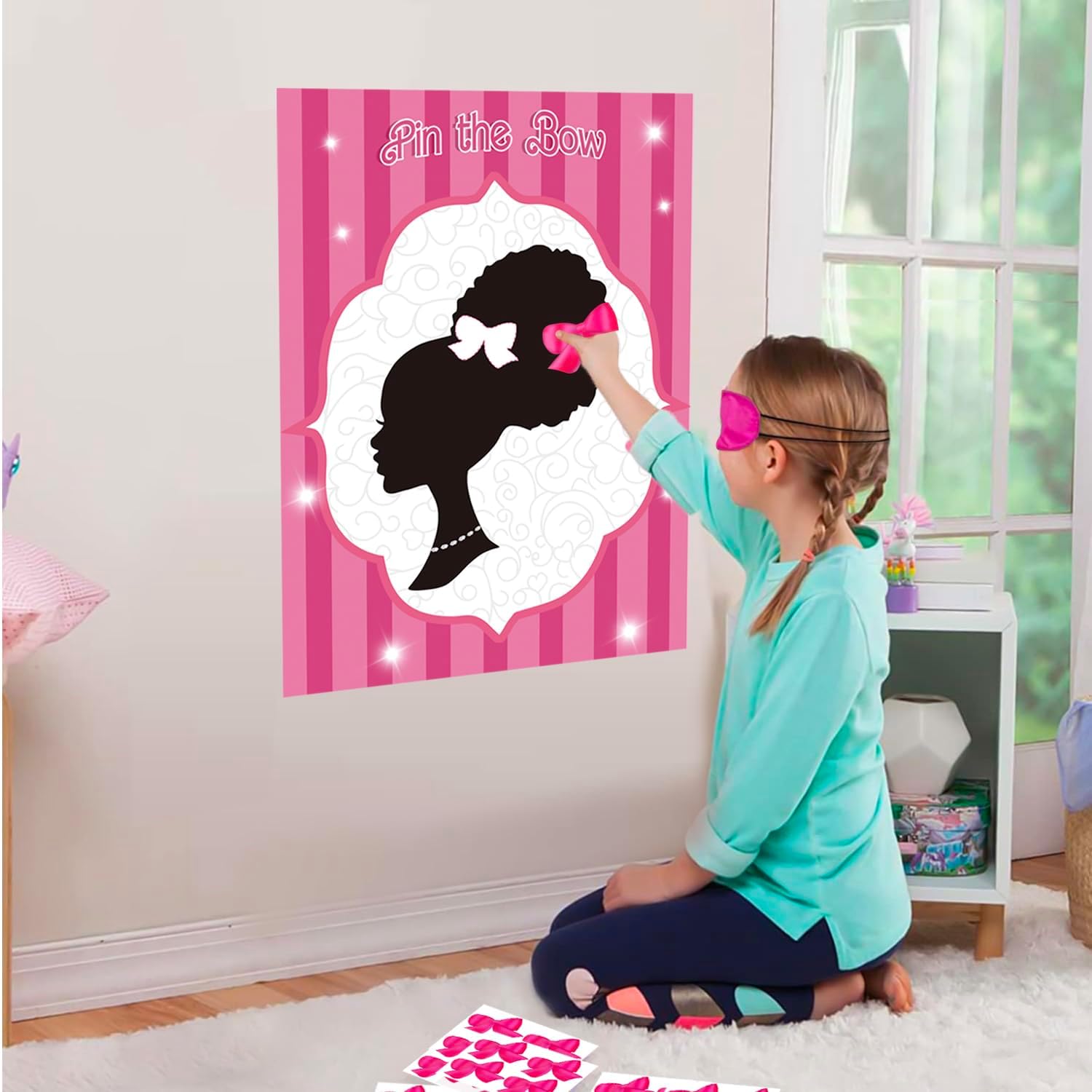 Decoraciones de fiesta rosas para niñas, decoraciones de cumpleaños de niñas negras, juegos de fiesta, pin el lazo en la cabeza de las niñas, juego