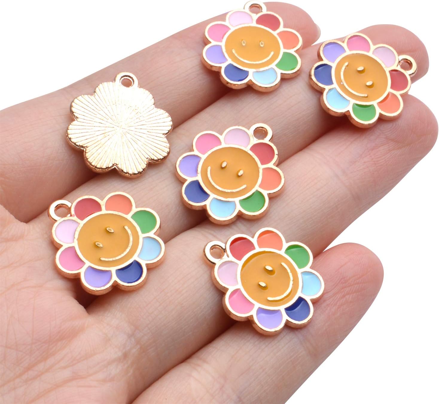 Aylifu Abalorios de flores esmaltadas, 20 piezas de margaritas con cara sonriente de margaritas, dijes de flores esmaltadas coloridas para