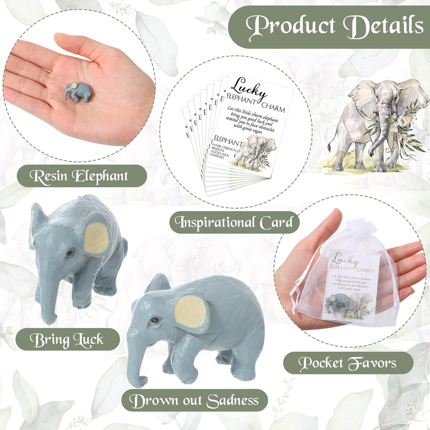 24 juegos de regalos de buena suerte, dijes de elefante pequeño con tarjeta de historia y bolsas de regalo, 24 figuras de elefante en miniatura de