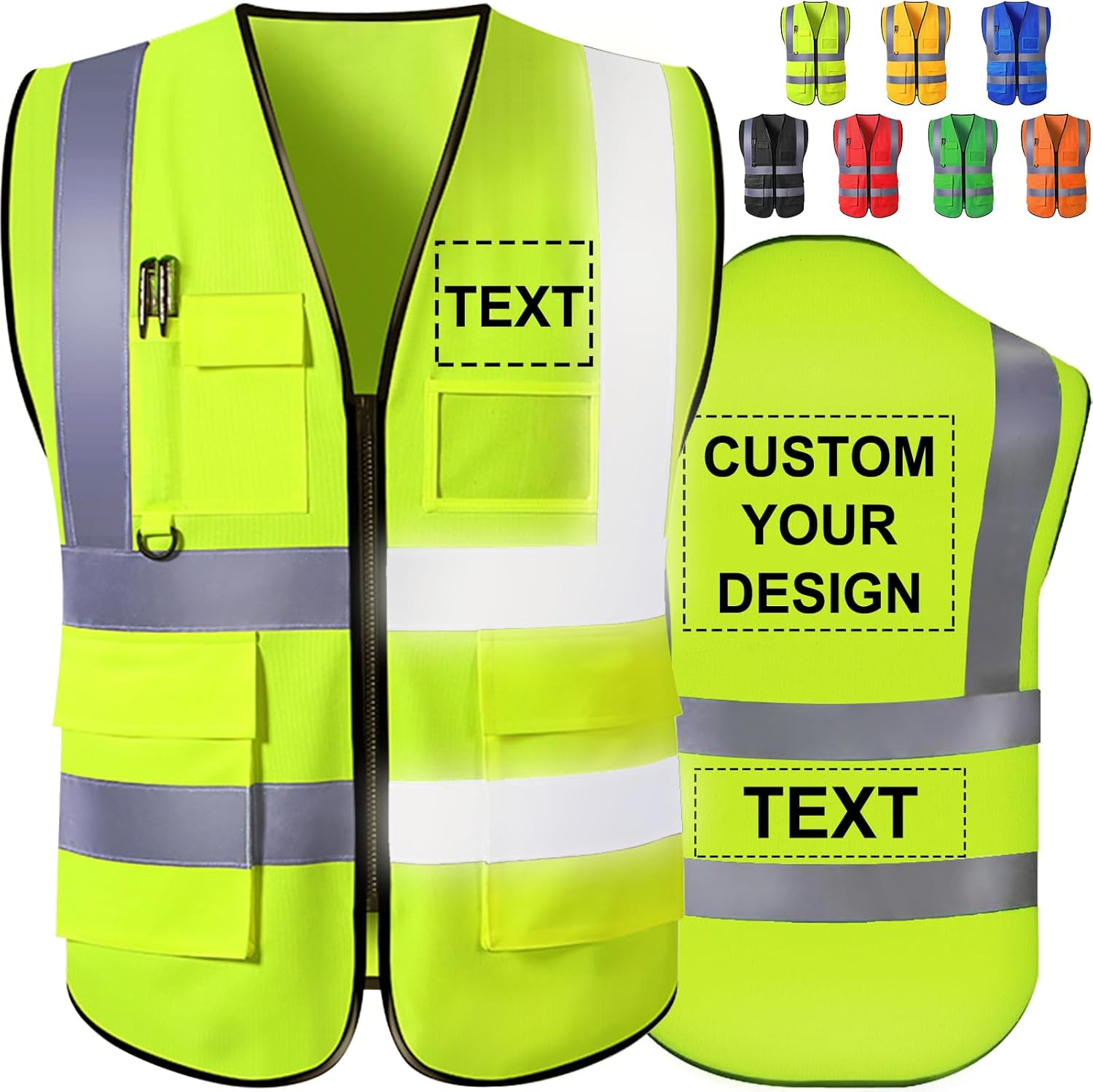 Chaleco de seguridad personalizado de alta visibilidad, reflectante, con logotipo, bolsillo para fotos, cremallera, personalizable, clase 2, para