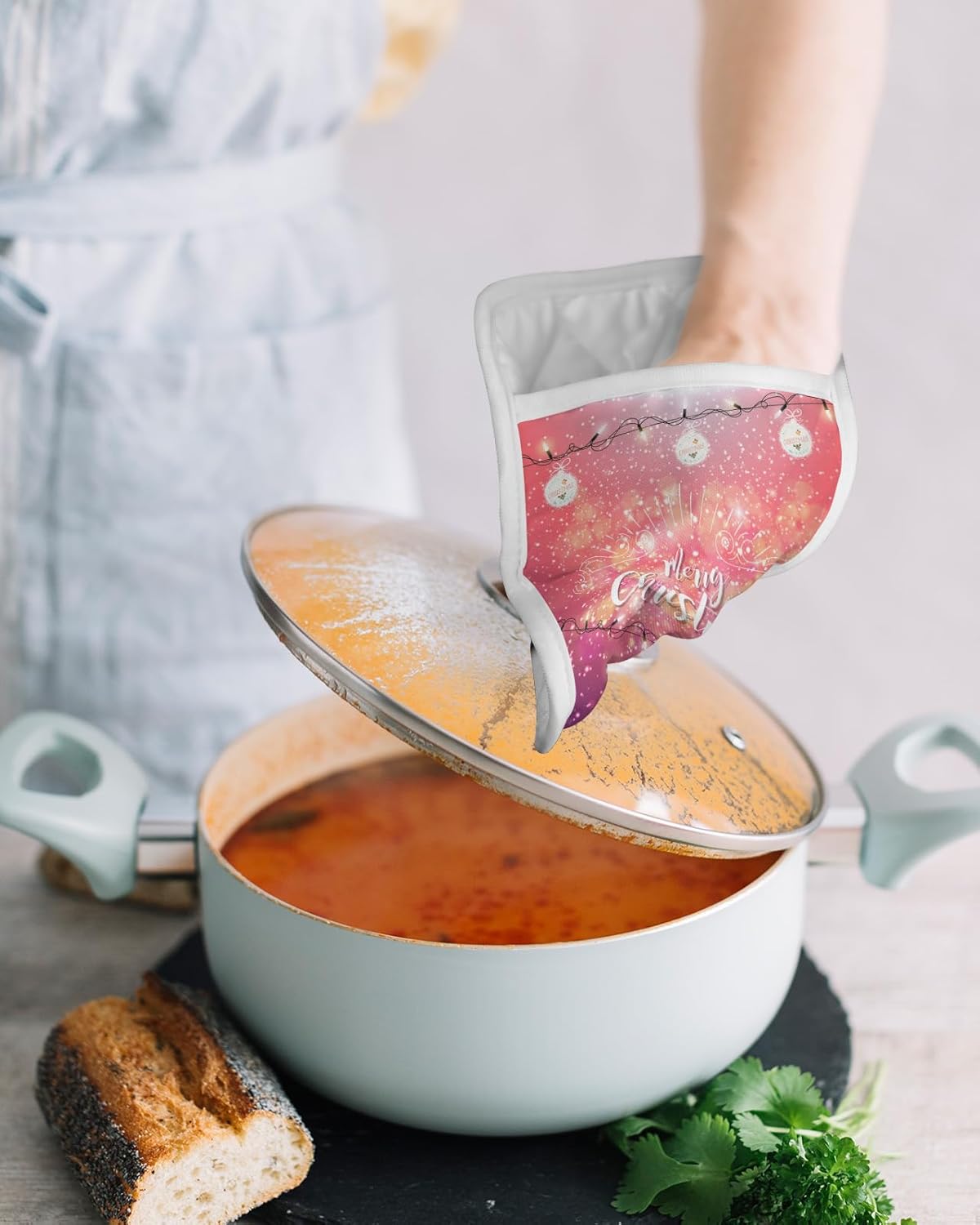 Christmas 5Pcs Pot Holders for Kitchen, Non Slip & Heat Insulation Terry Cloth Potholder Set with Pocket, Thick Hot Pad Oven Mitts Trivet Coaster
