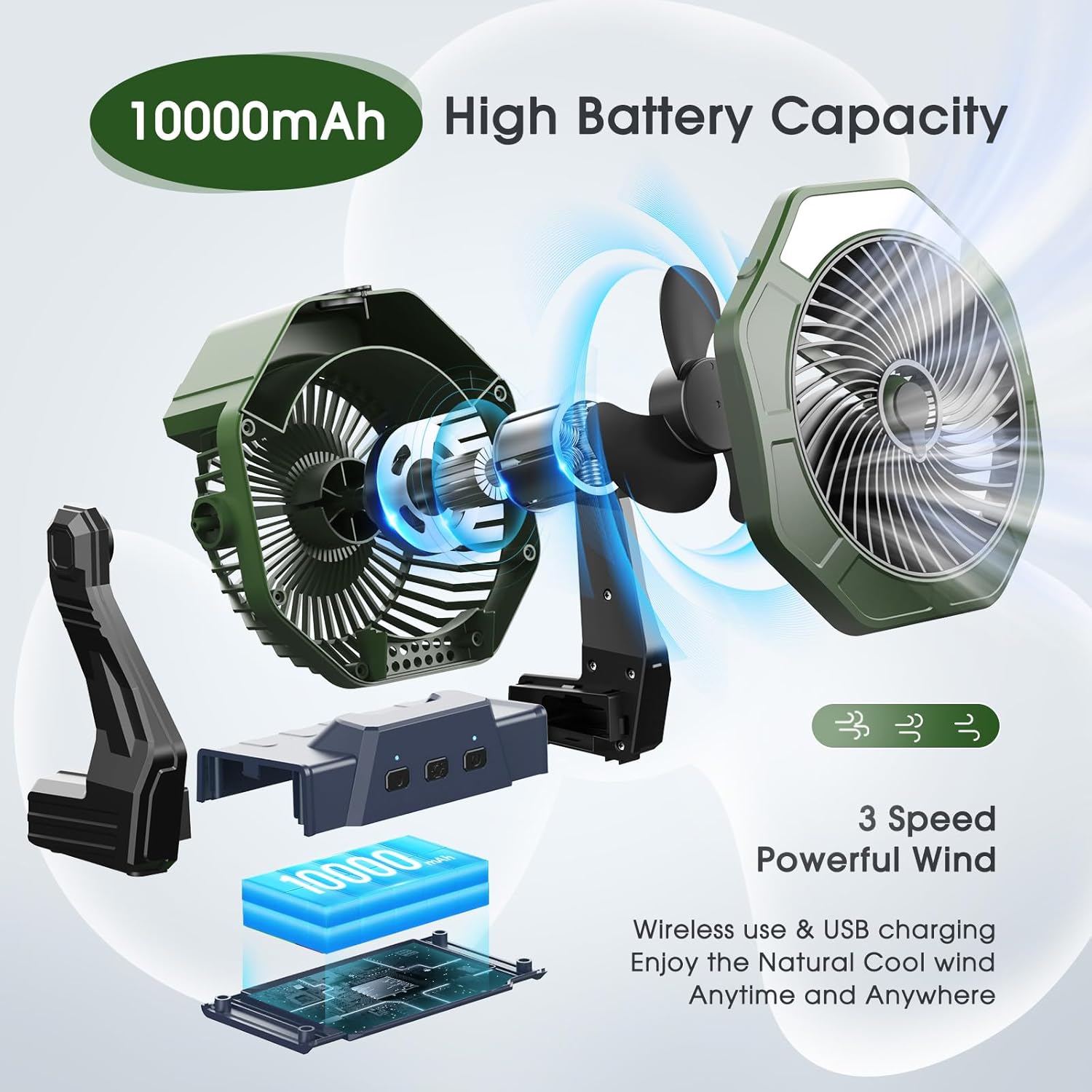 Ventilador solar de niebla de 10 W, ventilador de campamento de 10000 mAh portátil con panel solar y tanque de agua de 8.5 fl oz, ventilador de