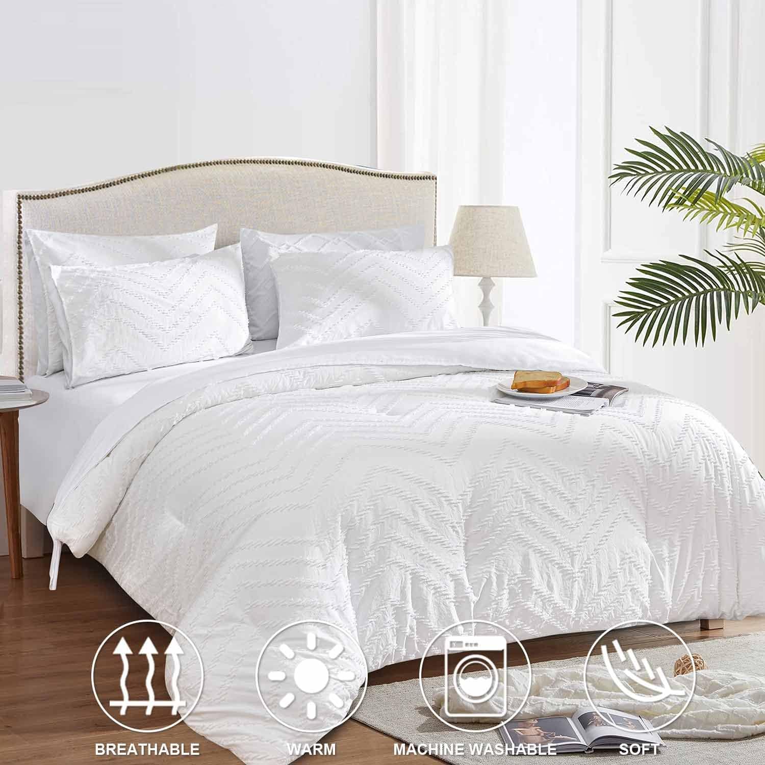 Nanko Juego de edredón de 7 piezas con sábanas, jacquard blanco copetudo, bohemio, suave, desgastado y elegante, juego de ropa de cama de microfibra