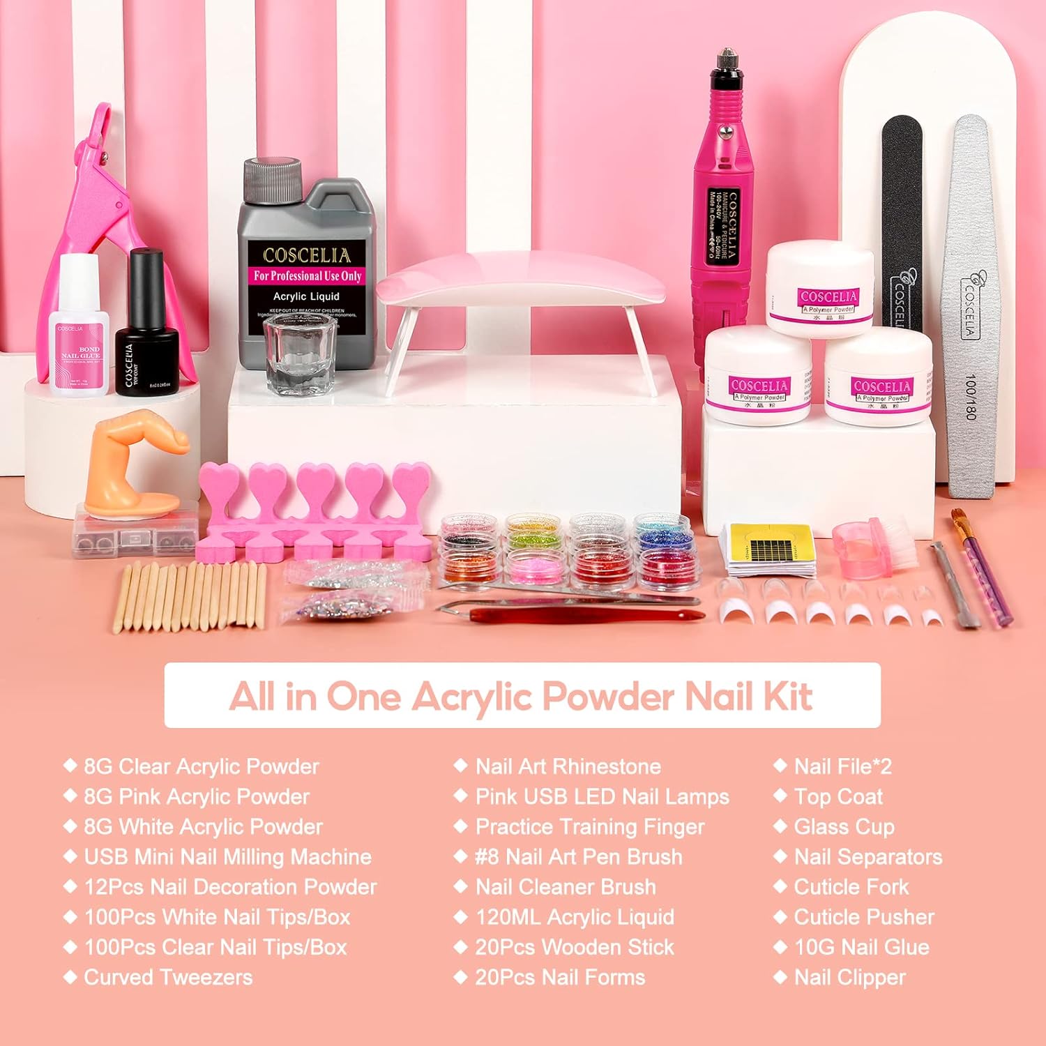 Kit de polvo acrílico con juego de esmalte de uñas de gel que cambia de color, polvos acrílicos y monómero líquido con purpurina, kit de arte de