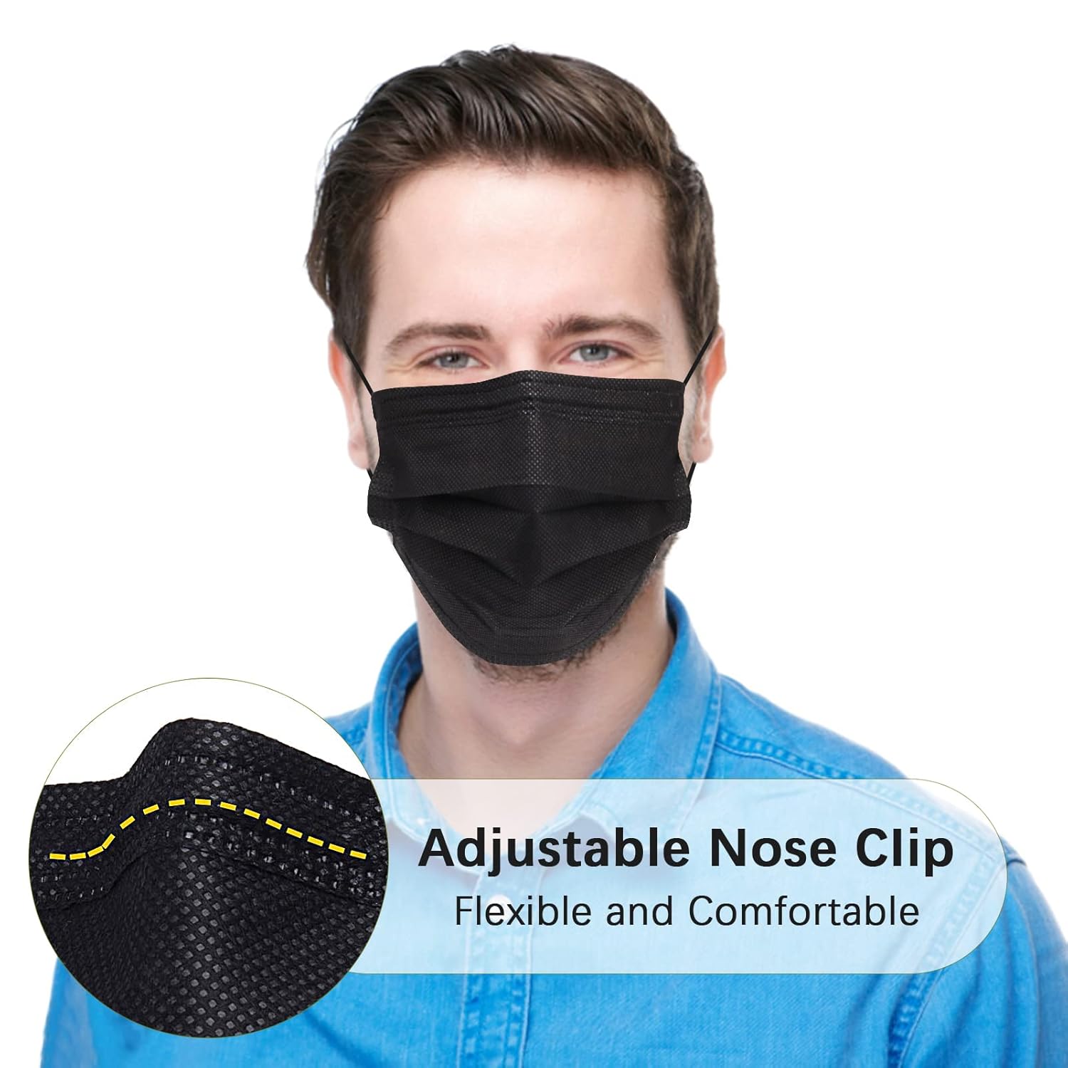 100 máscaras faciales desechables negras con lazo elástico para las orejas, transpirabilidad y comodidad
