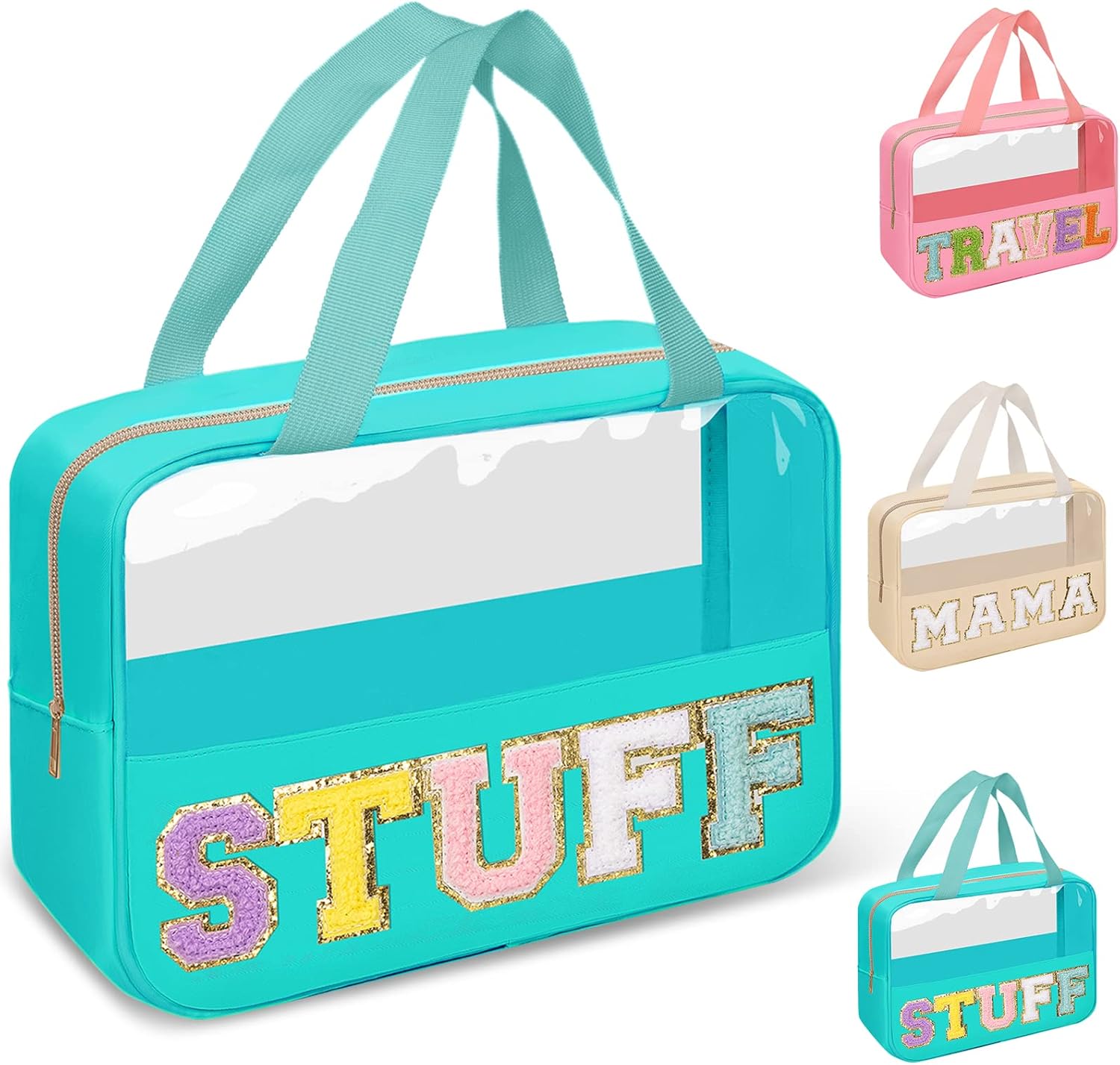 izuzta Bolsas de maquillaje transparentes con letras de chenilla, bolsa de maquillaje preppy con asa, COSA-Verde, Moda