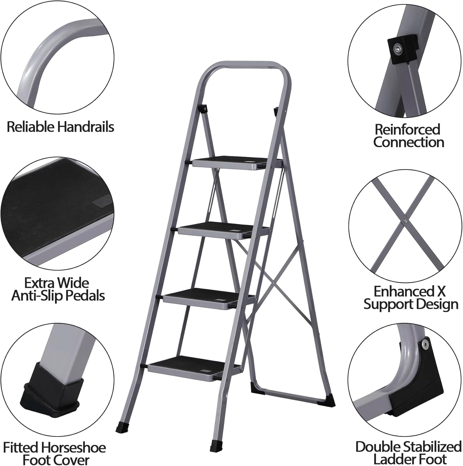 F2C Escalera plegable de 4 escalones con práctico mango portátil, taburete de acero resistente, pedal antideslizante ancho 330 libras, blanco y