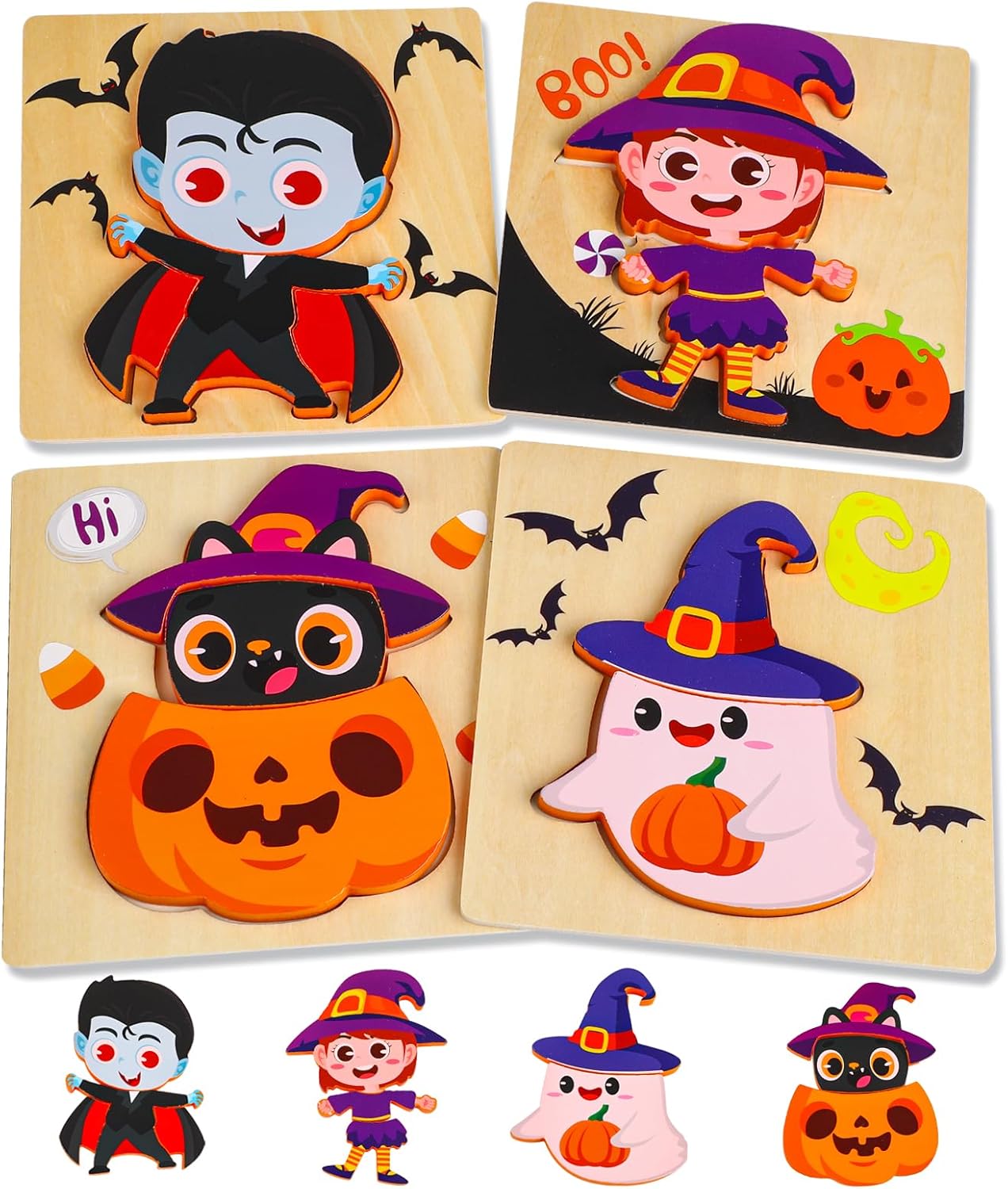 Rompecabezas de madera de Halloween para niños pequeños, paquete de 4 rompecabezas de madera de bruja fantasma calabaza para niños, relleno de