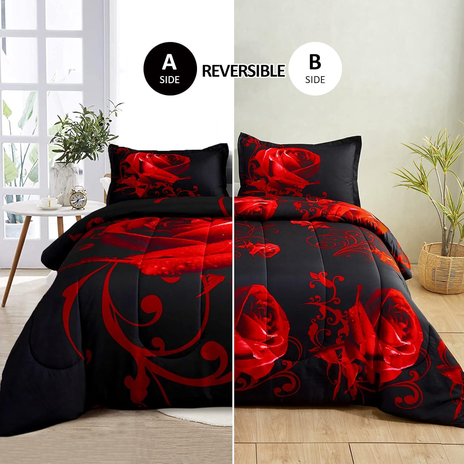 Juego de edredón rojo reversible con patrón de rosas rojas con 2 fundas de almohada para todas las estaciones, juego de ropa de cama ligero de