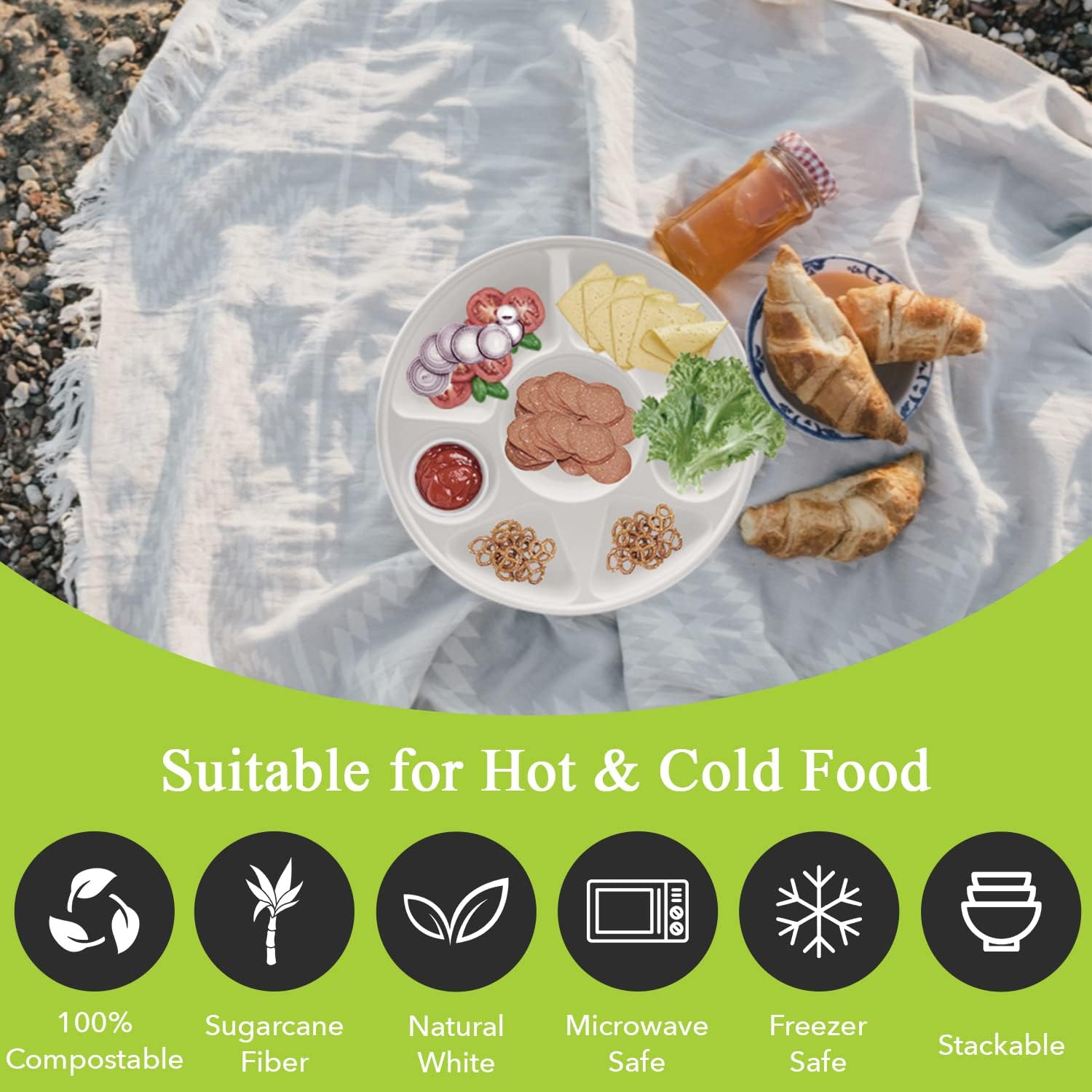 Three Leaf Plato redondo de bagazo de 7 compartimentos, 200 unidades, platos de bagazo desechables naturales y ecológicos, 100% biodegradables,